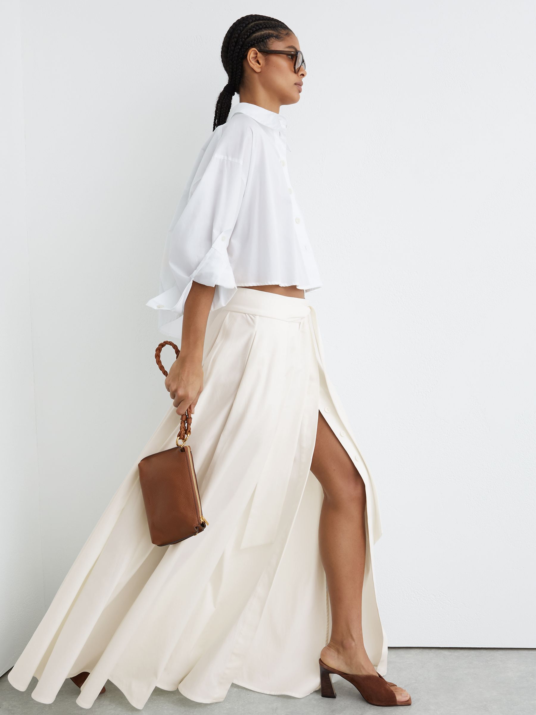 Cotton-Blend Pleated Maxi Skirt in Ivory - Image 1 of 7
