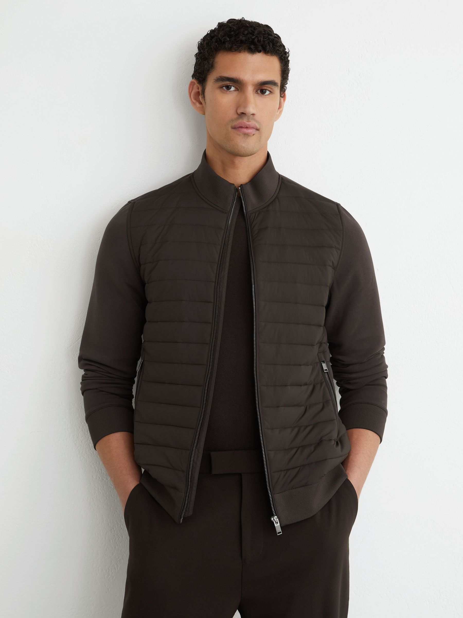 Hybrid Quilt and Interlock Zip Jacket in Chocolate Brown - Image 1 of 6