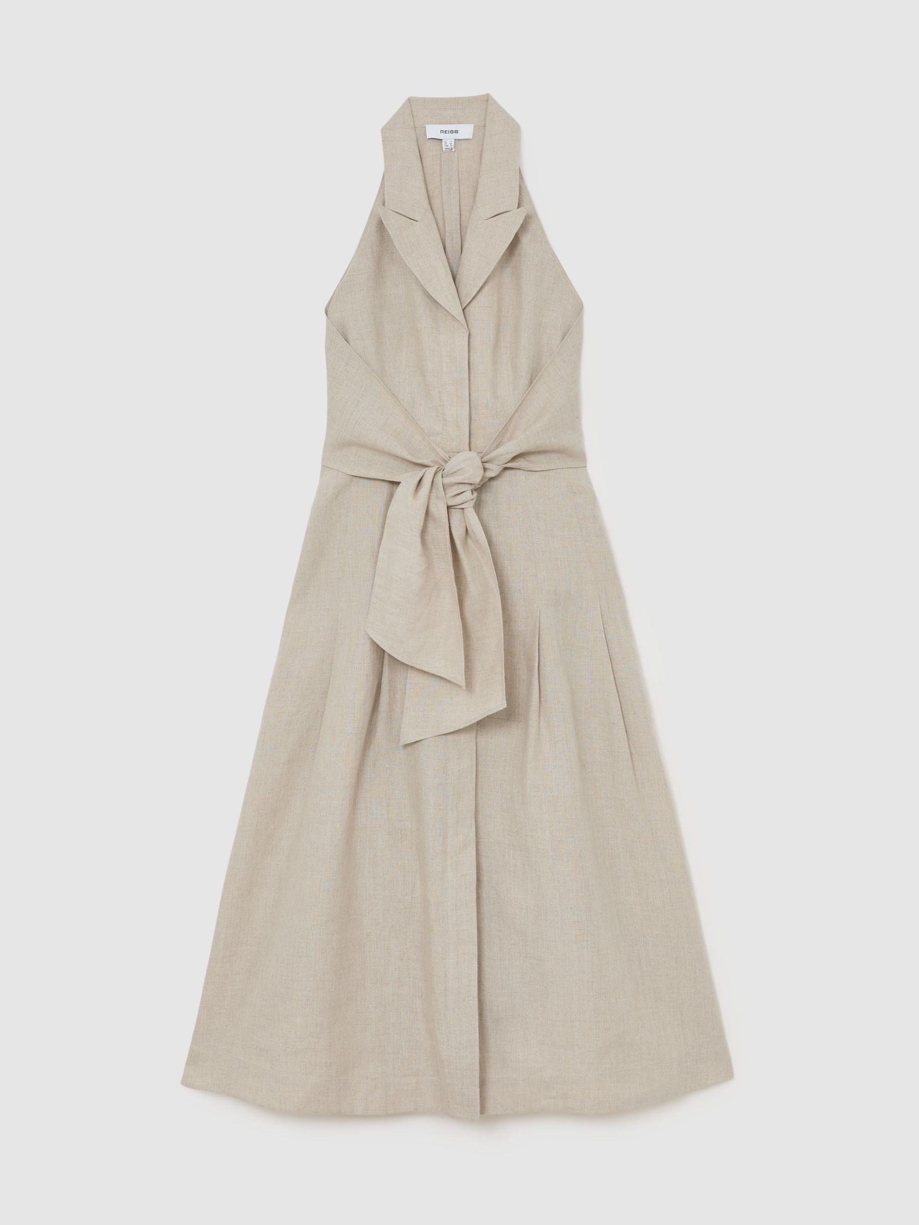 Linen Tie-Waist Tailored Midi Dress in Neutral - image 1