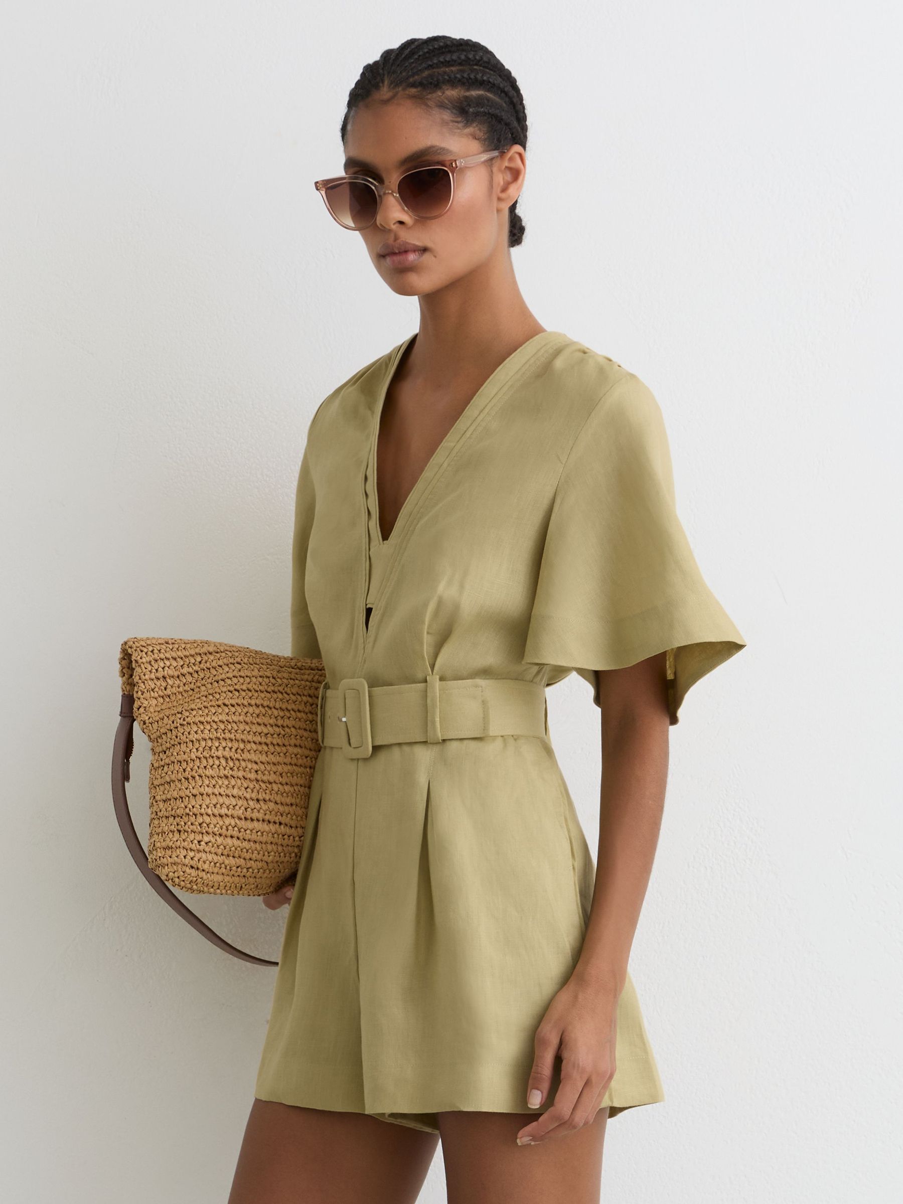 Linen Short-Sleeve Belted Playsuit in Green - image 2
