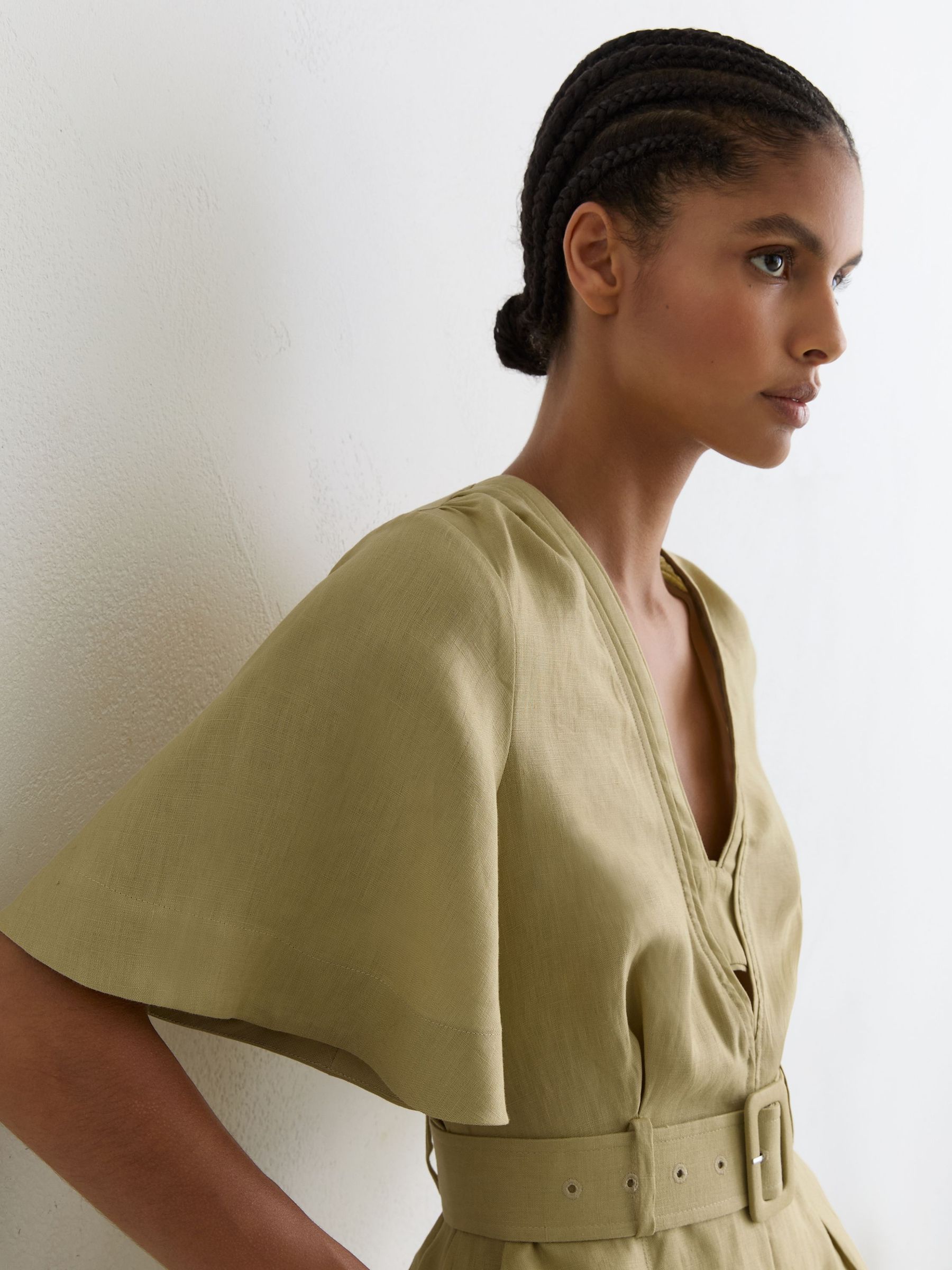 Linen Short-Sleeve Belted Playsuit in Green - image 5