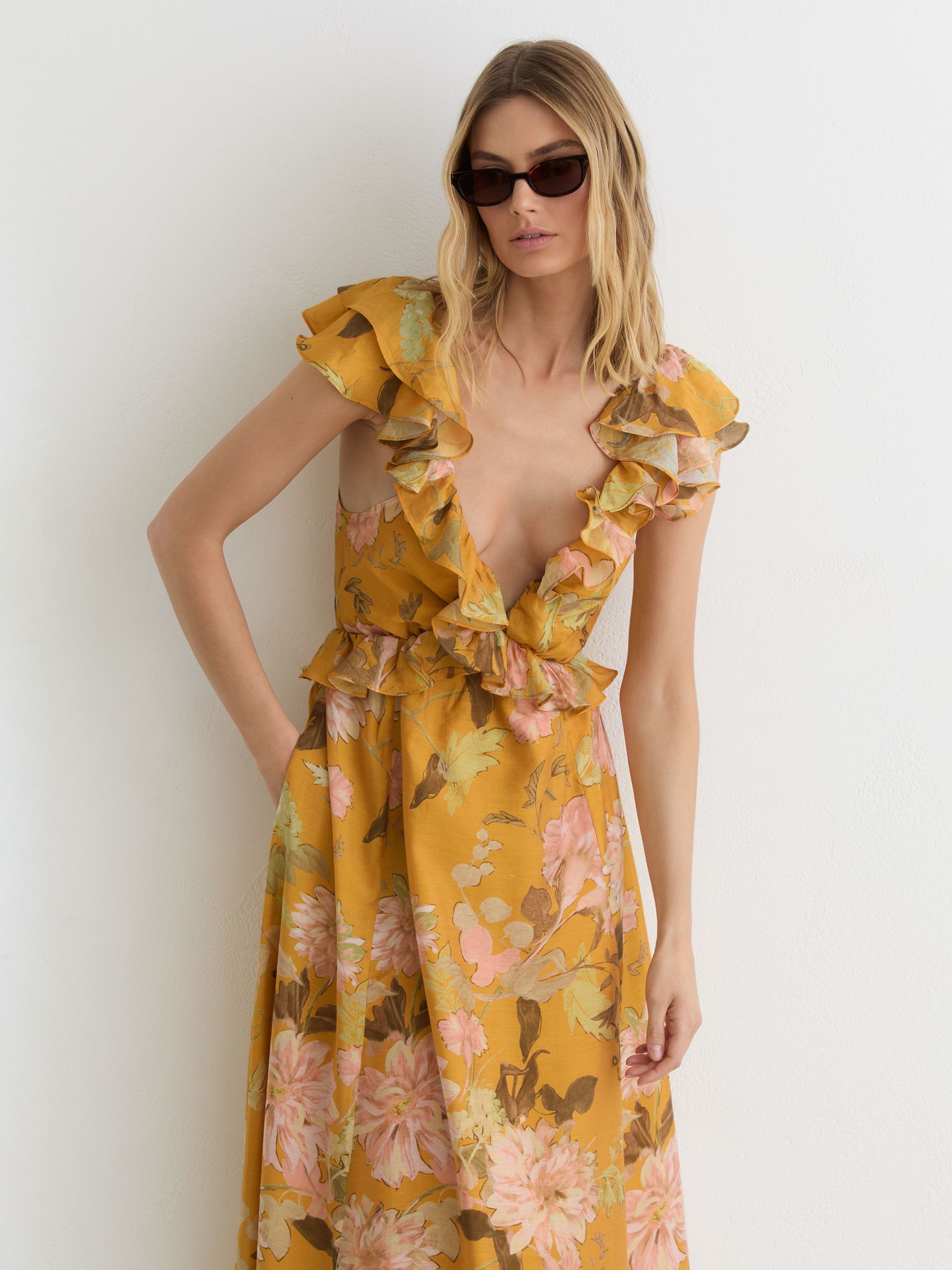 Floral-Print Frill-Trim Midi Dress in Yellow - image 3