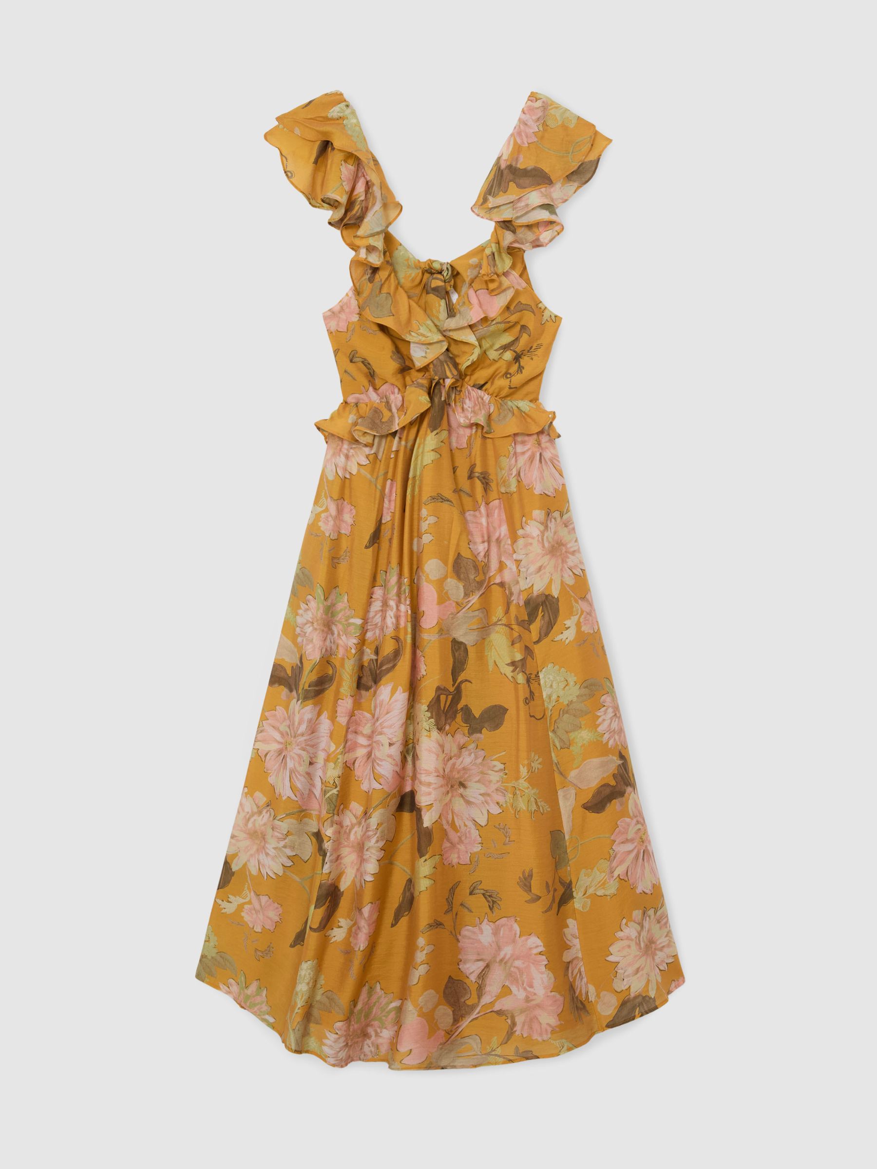 Floral-Print Frill-Trim Midi Dress in Yellow - image 1