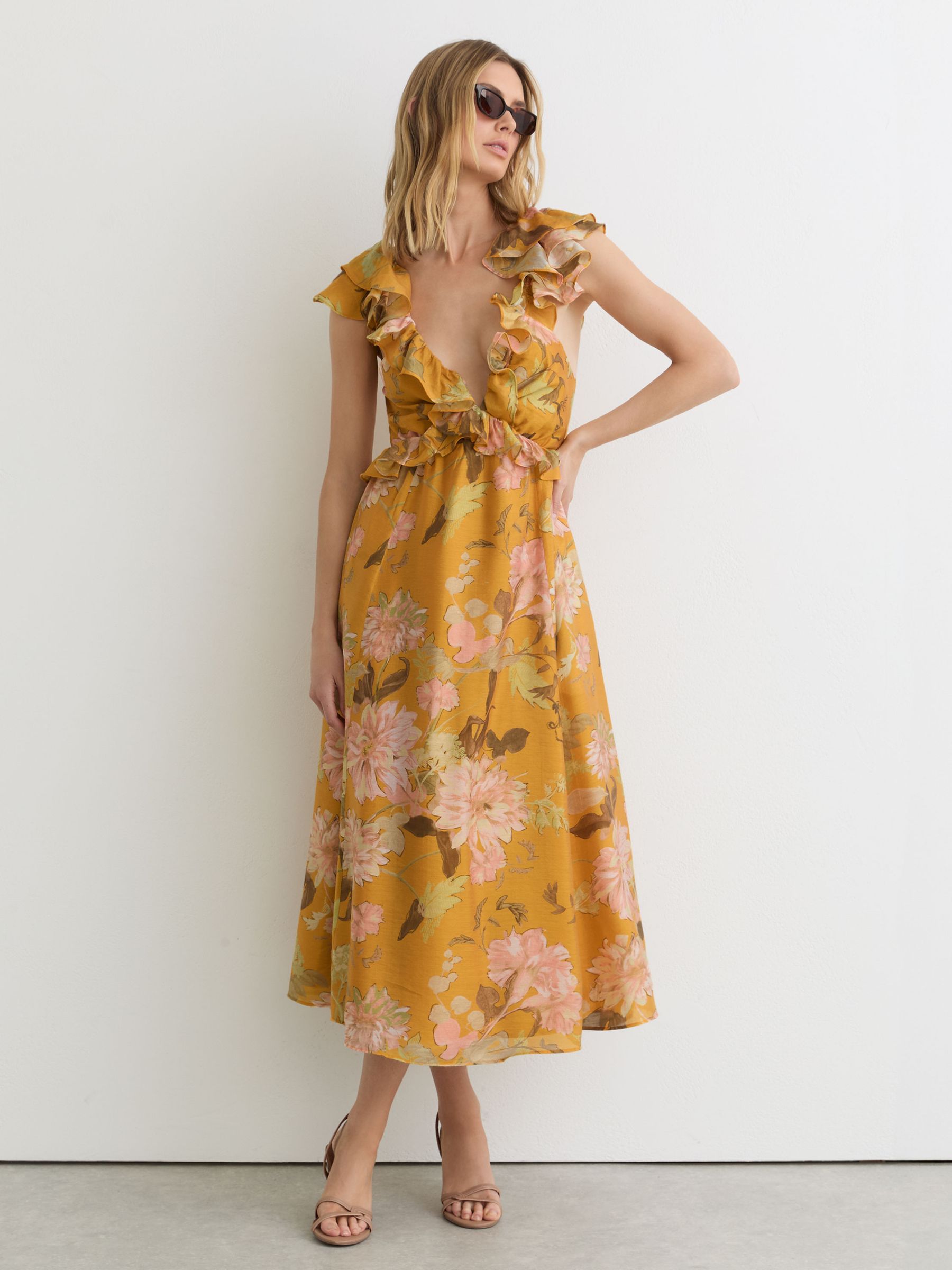 Floral-Print Frill-Trim Midi Dress in Yellow - image 4
