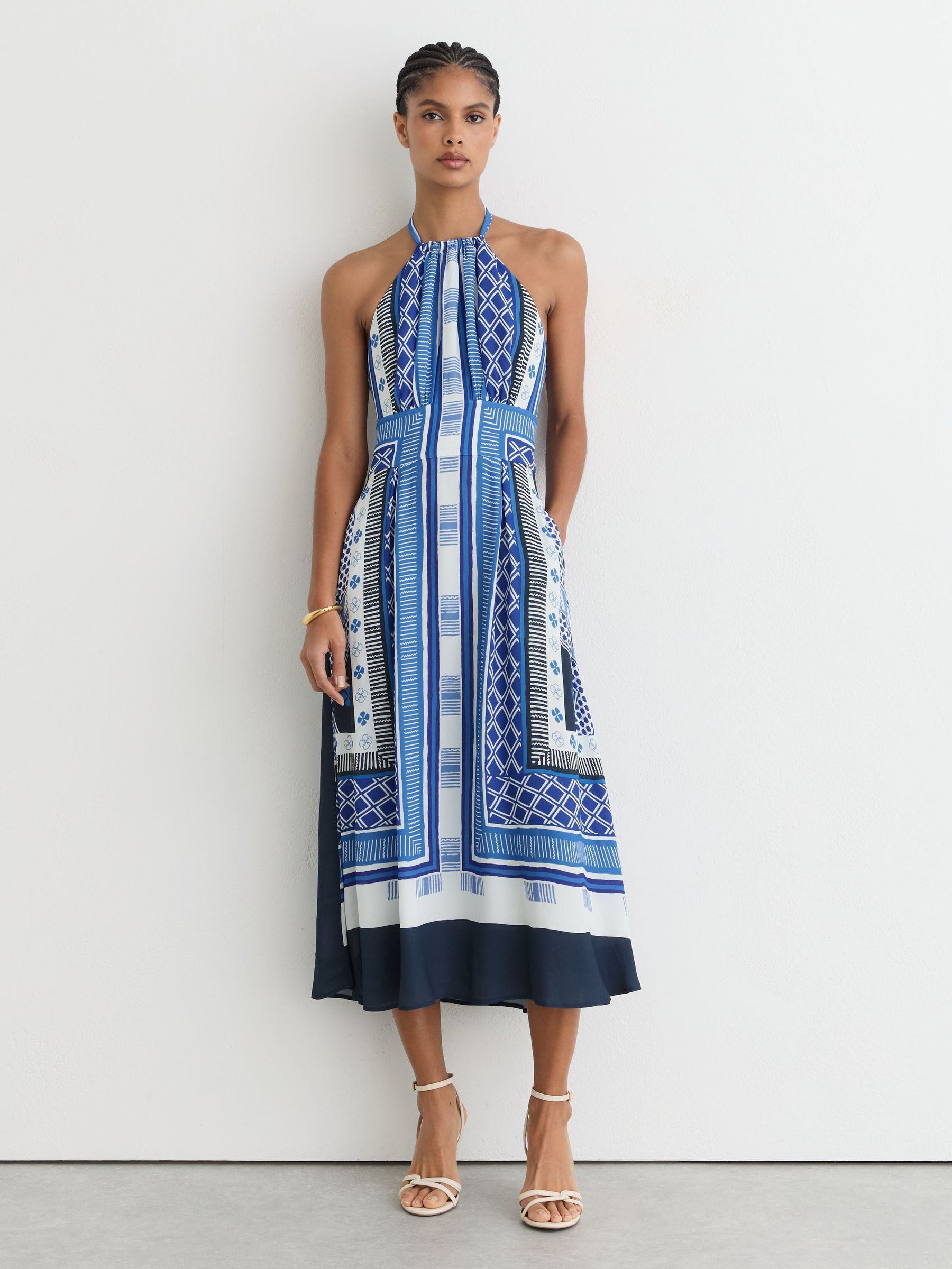 Scarf-Print Halterneck Midi Dress in Blue - image 2