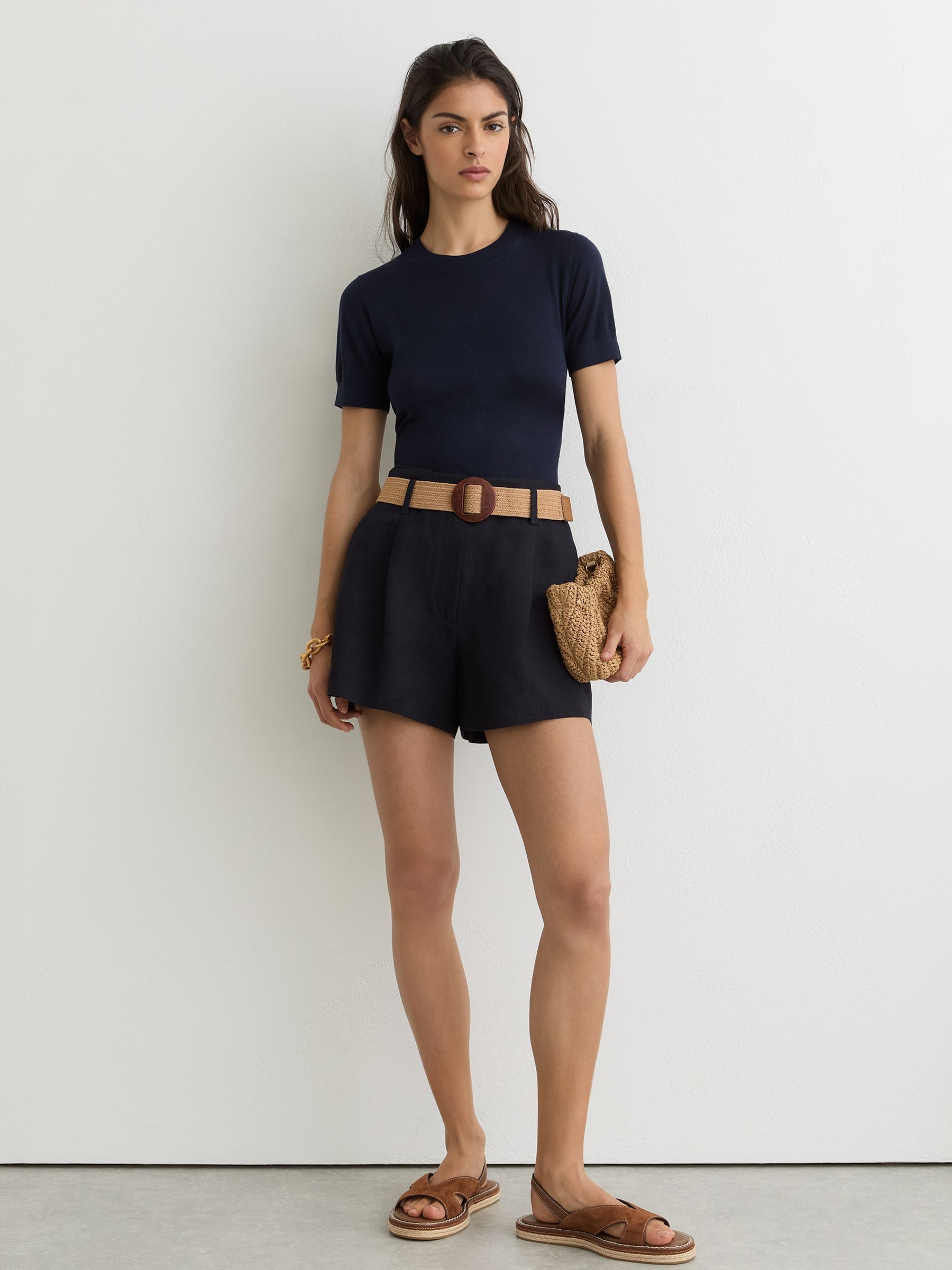 Jacquard Belted Shorts with Linen in Navy - Image 1 of 6 Jacquard Belted Shorts with Linen in Navy - Image 1 of 6