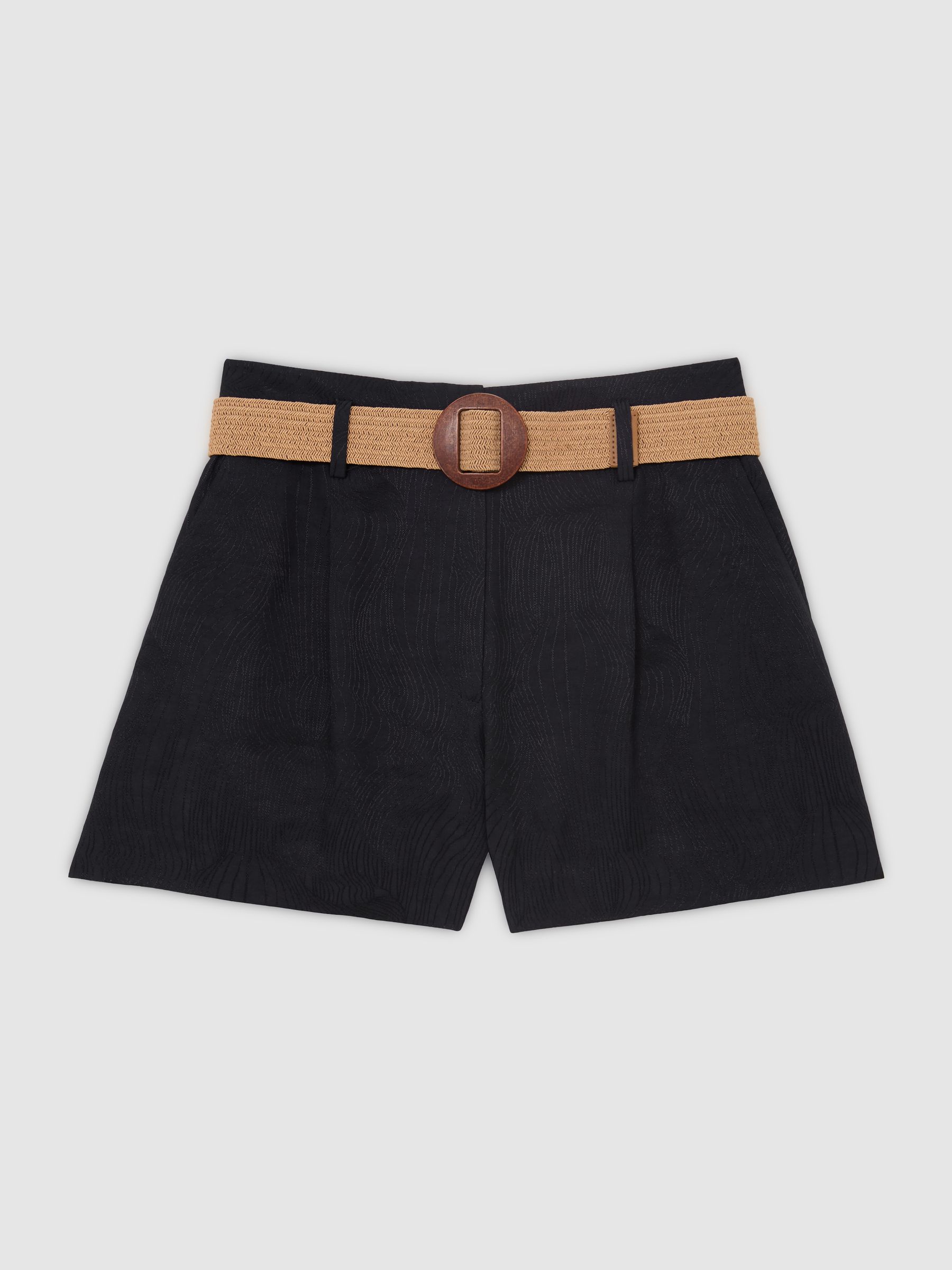 Jacquard Belted Shorts with Linen in Navy - Image 2 of 6 Jacquard Belted Shorts with Linen in Navy - Image 2 of 6