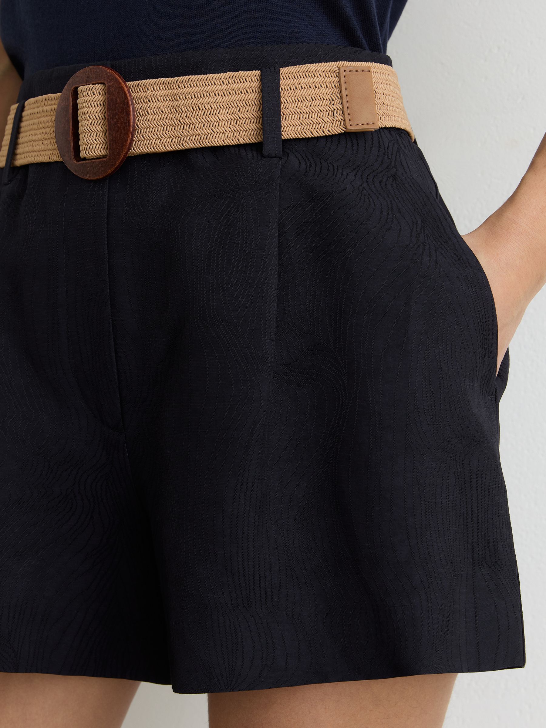 Jacquard Belted Shorts with Linen in Navy - Image 4 of 6