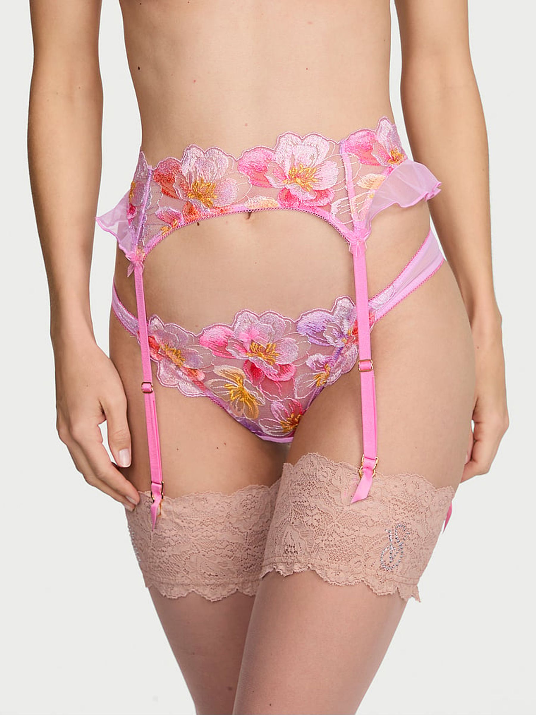 Watercolour Pink Embroidery Garter Belt - Image 2 of 3