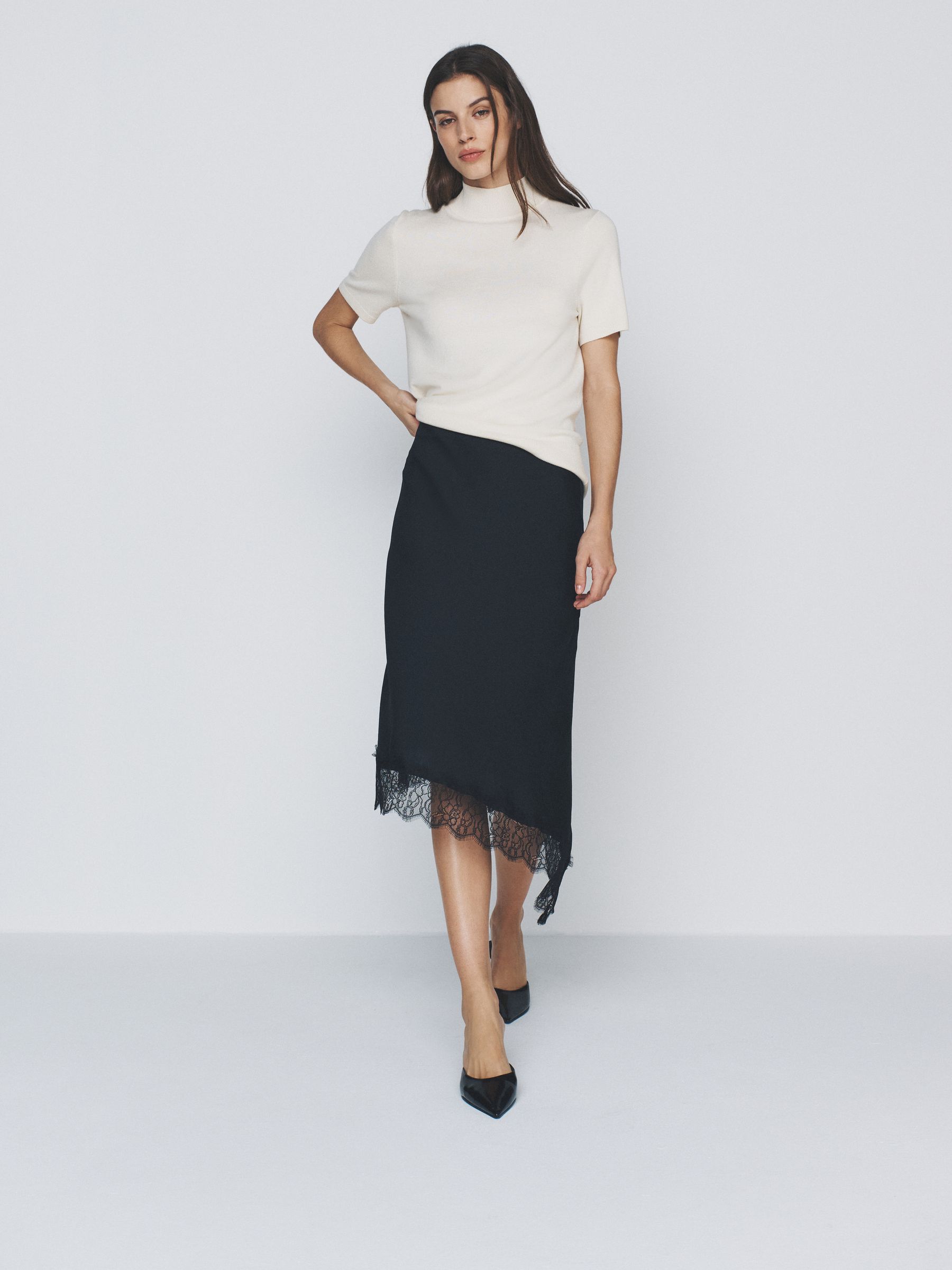 2 Pack Satin Crepe Lace Hem Asymmetric Midi Skirts Black/Plum - Image 1 of 6