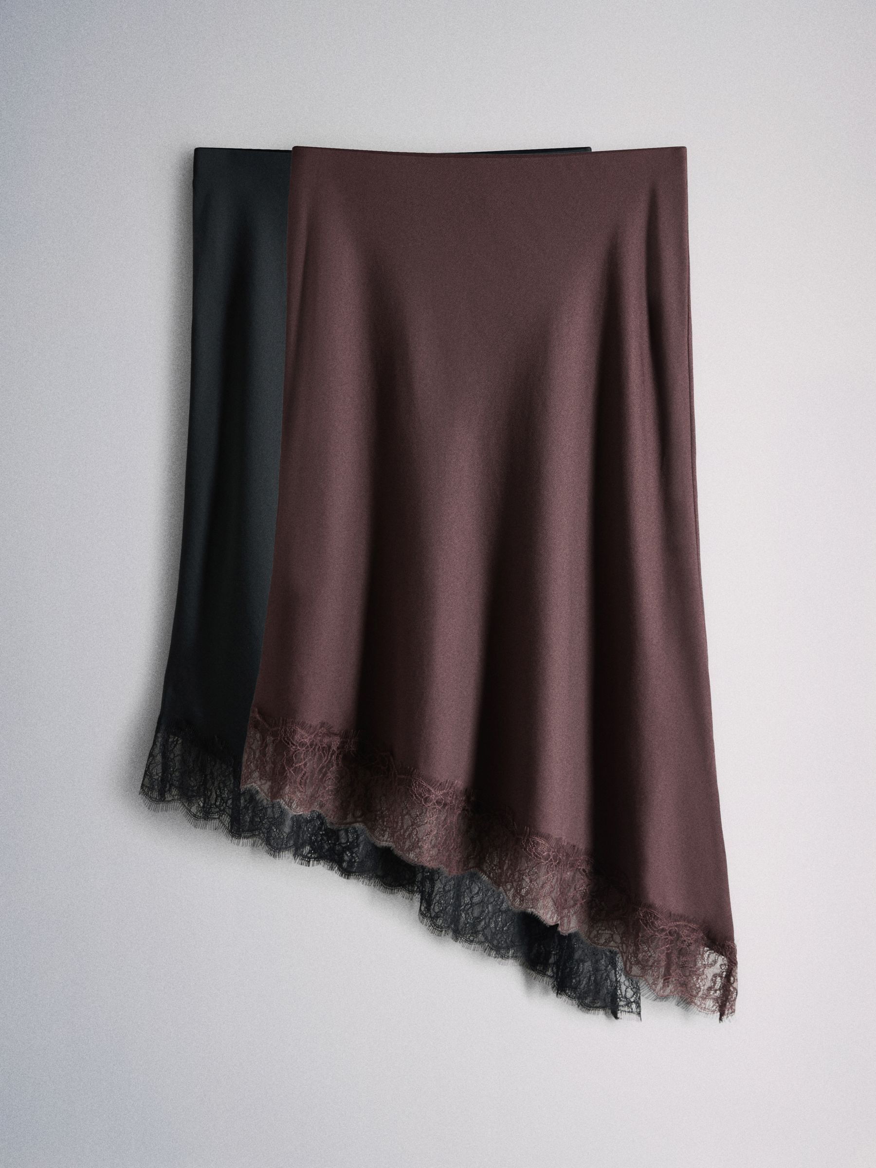 2 Pack Satin Crepe Lace Hem Asymmetric Midi Skirts Black/Plum - Image 2 of 6