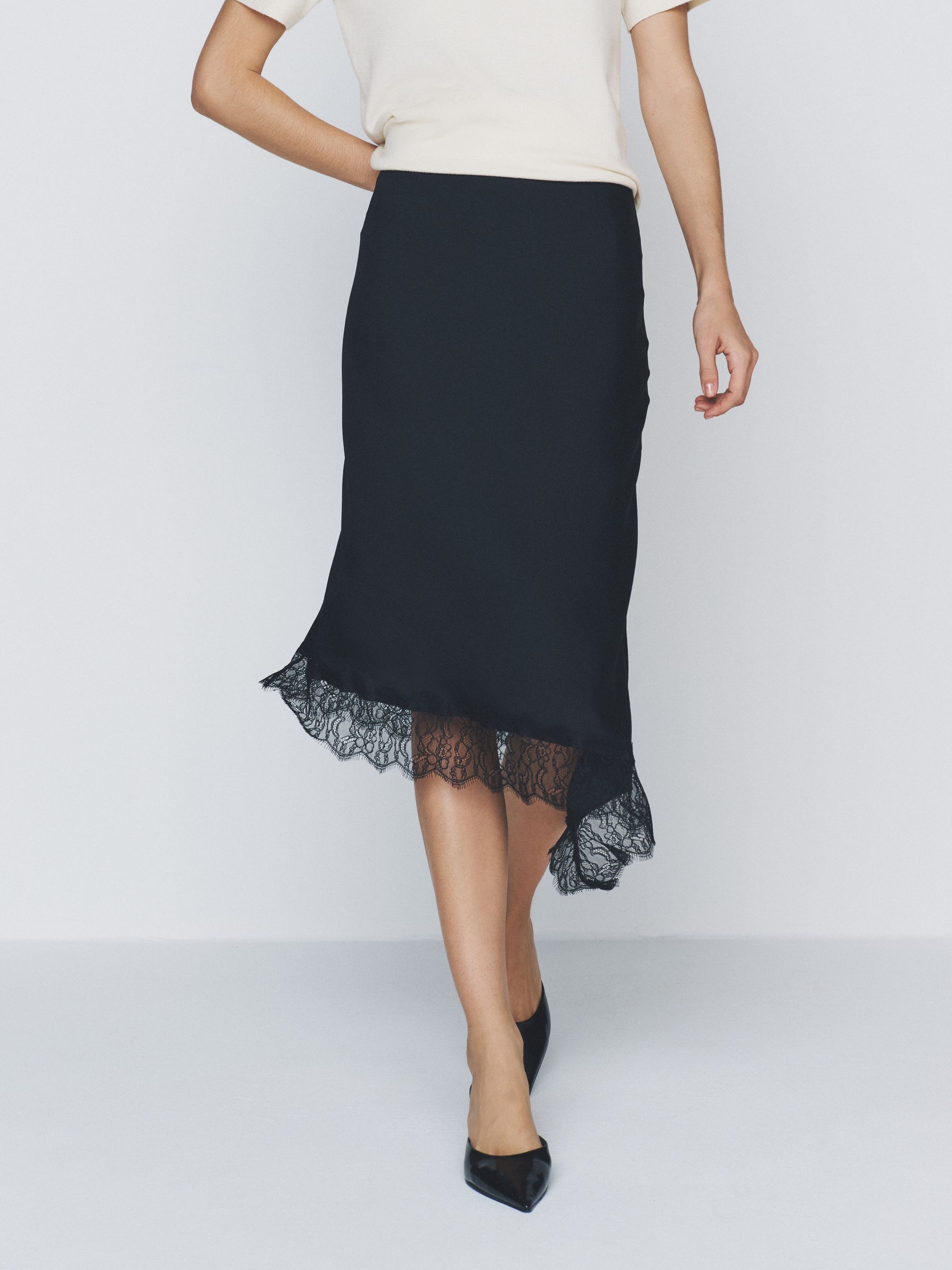 2 Pack Satin Crepe Lace Hem Asymmetric Midi Skirts Black/Plum - Image 3 of 6