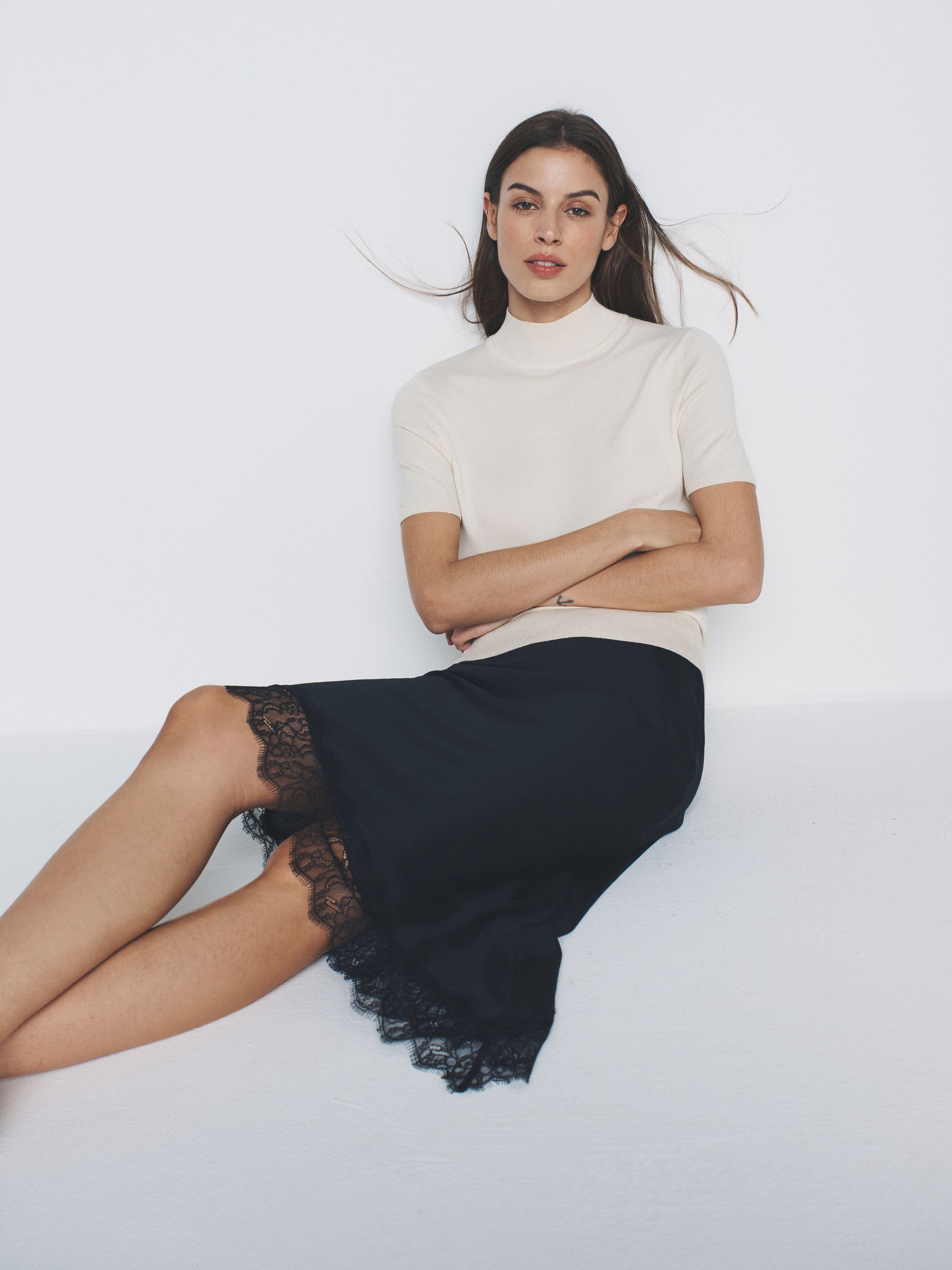 2 Pack Satin Crepe Lace Hem Asymmetric Midi Skirts Black/Plum - Image 4 of 6