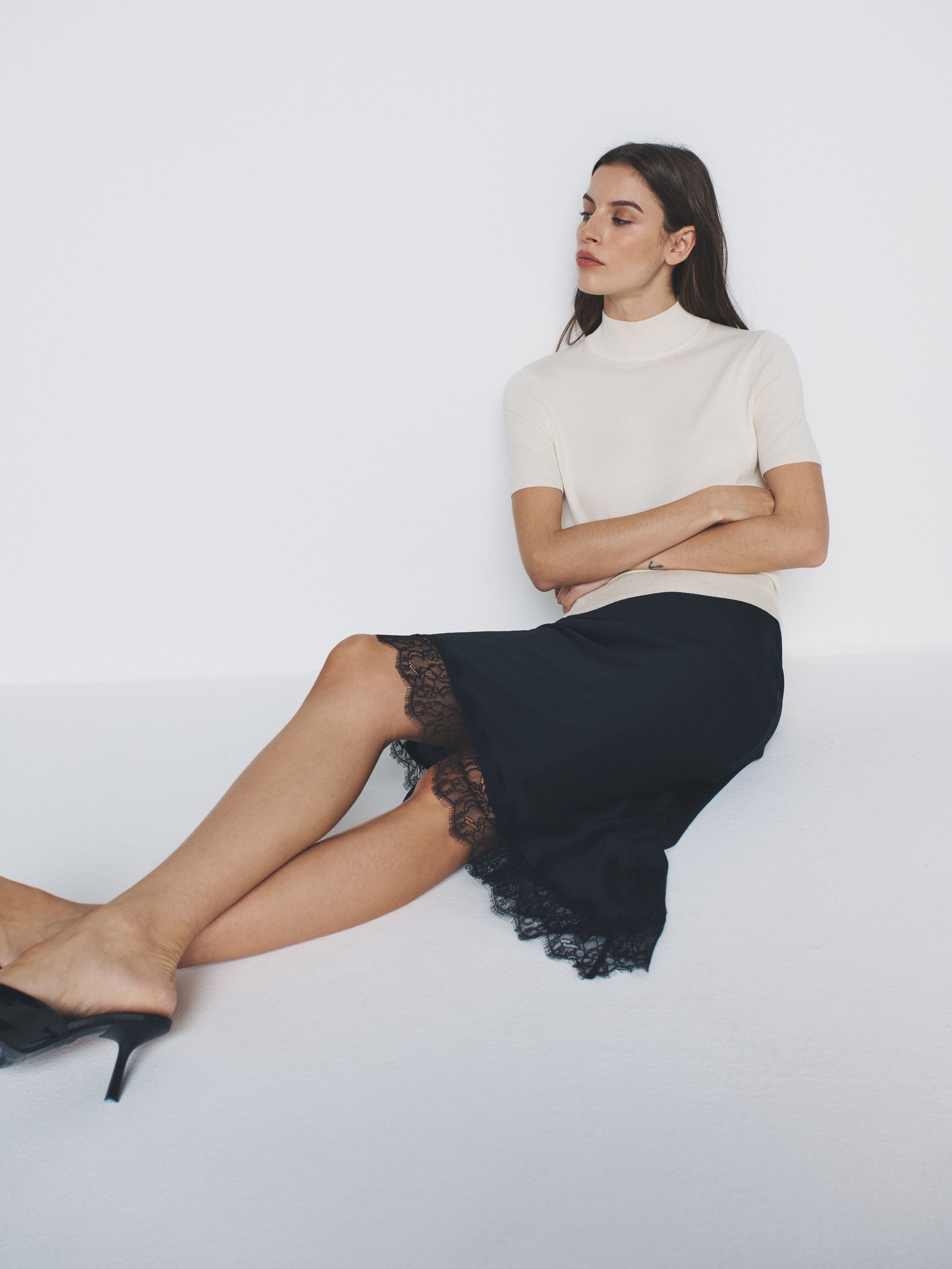 2 Pack Satin Crepe Lace Hem Asymmetric Midi Skirts Black/Plum - Image 5 of 6