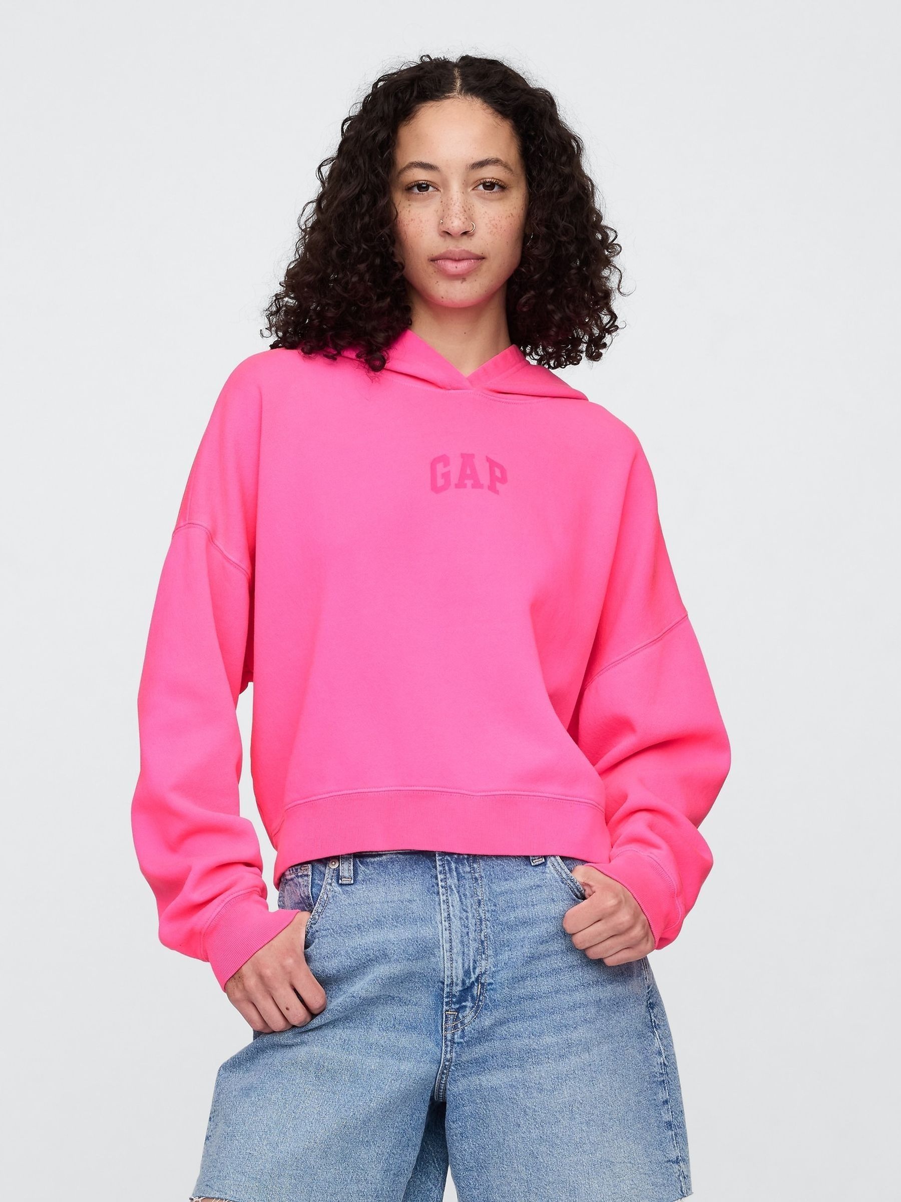 Pink Relaxed Mini-Logo Cropped Hoodie - Image 1 of 4