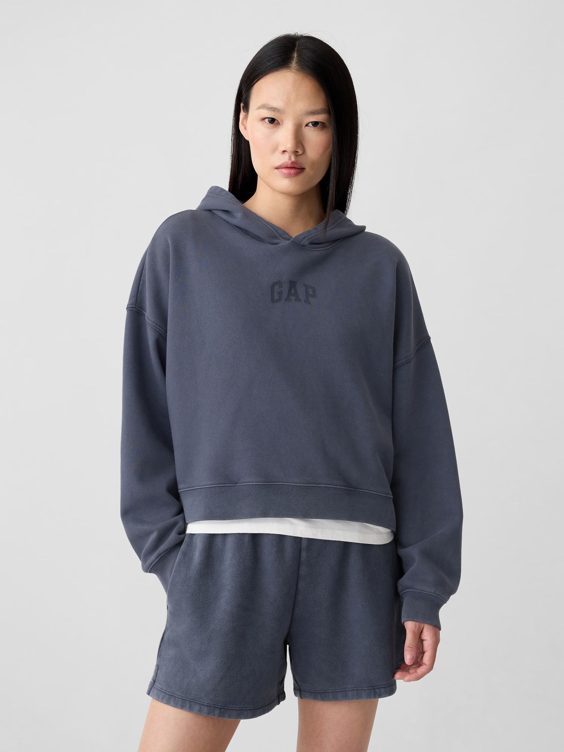 Grey Relaxed Mini-Logo Cropped Hoodie - Image 1 of 5