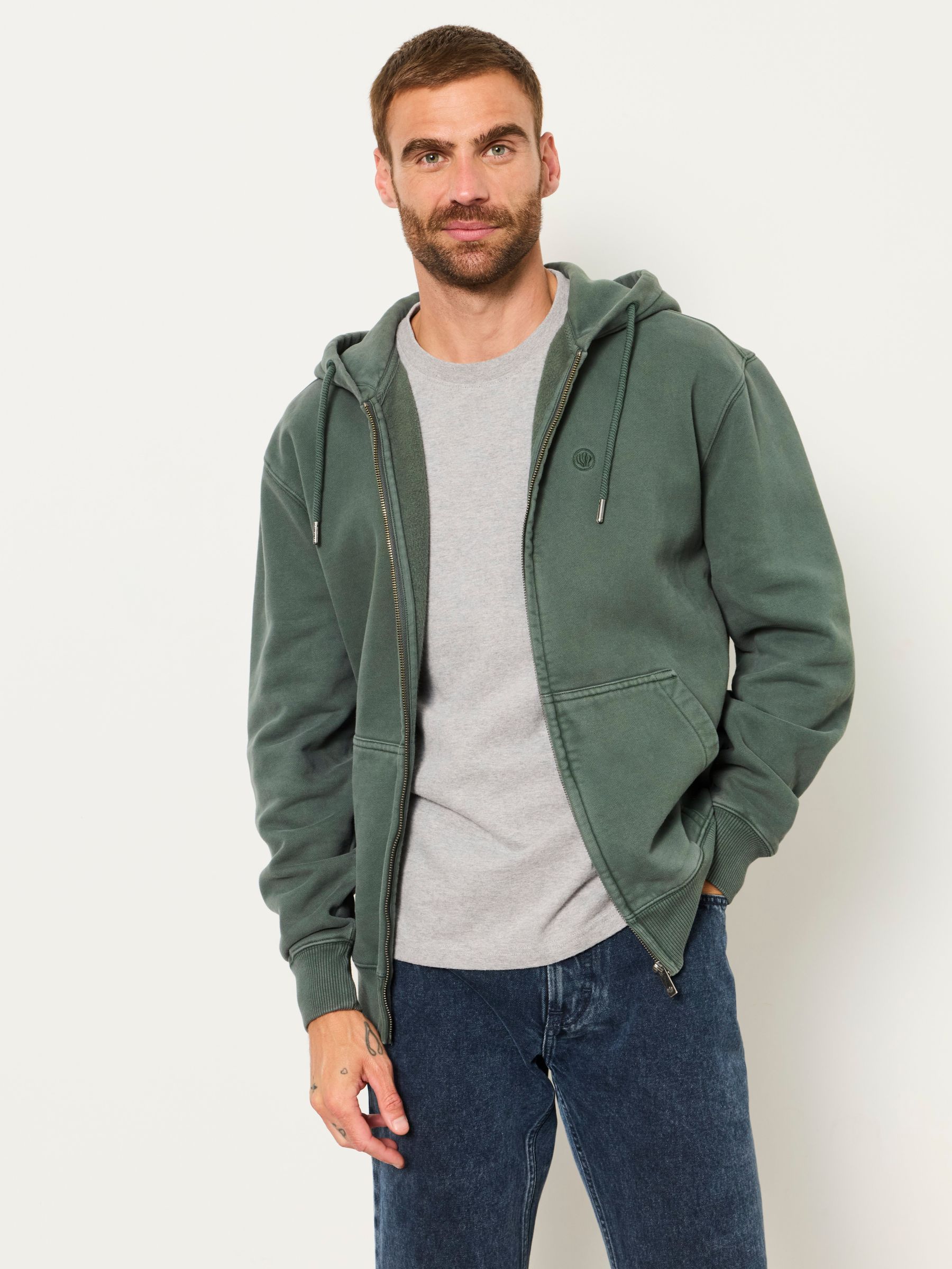 Hayle Dark Green Zip Through Hoodie - Image 1 of 6