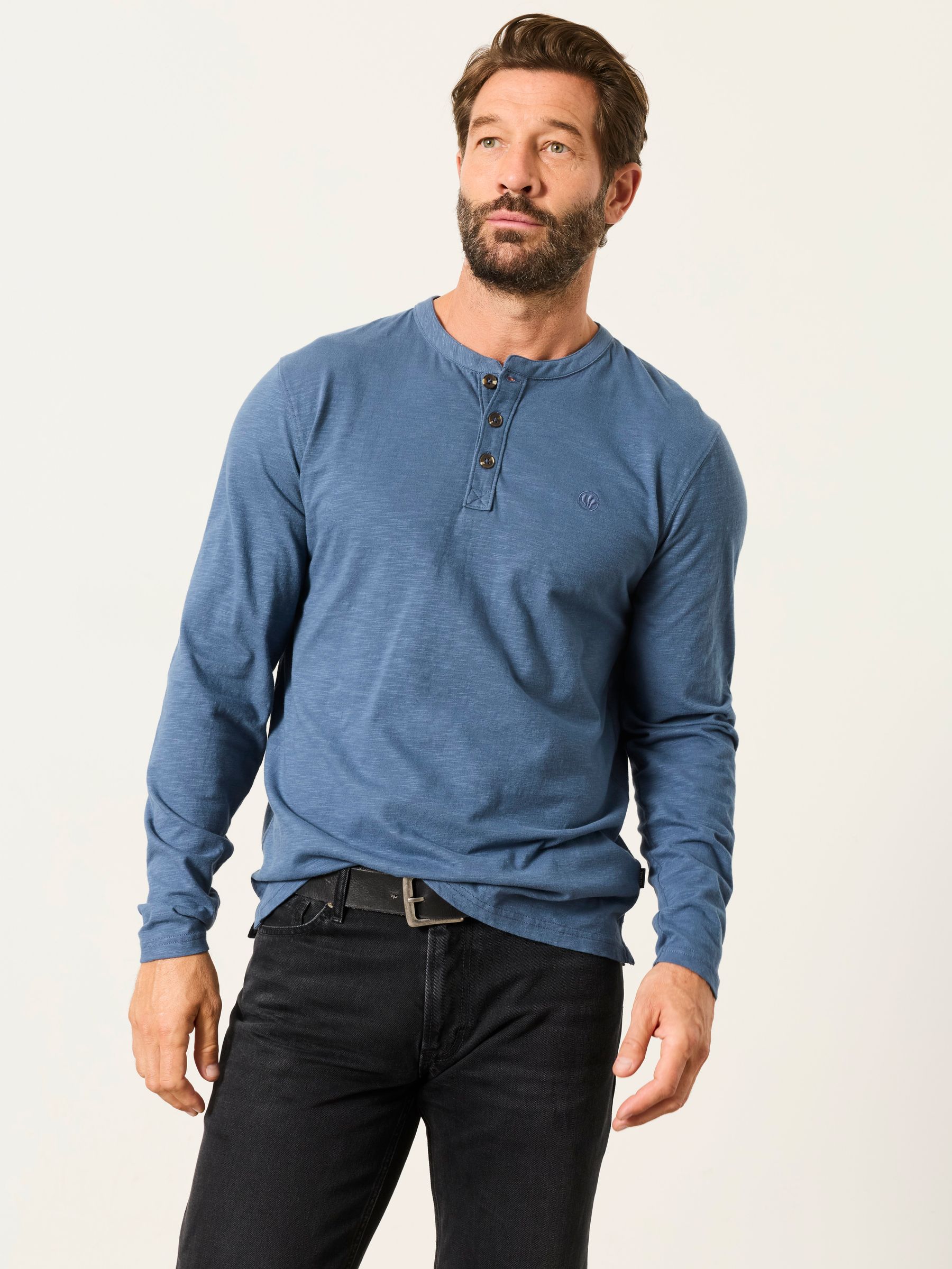 Henley Blue Denim Long Sleeve Woodside T-Shirt - Image 1 of 5
