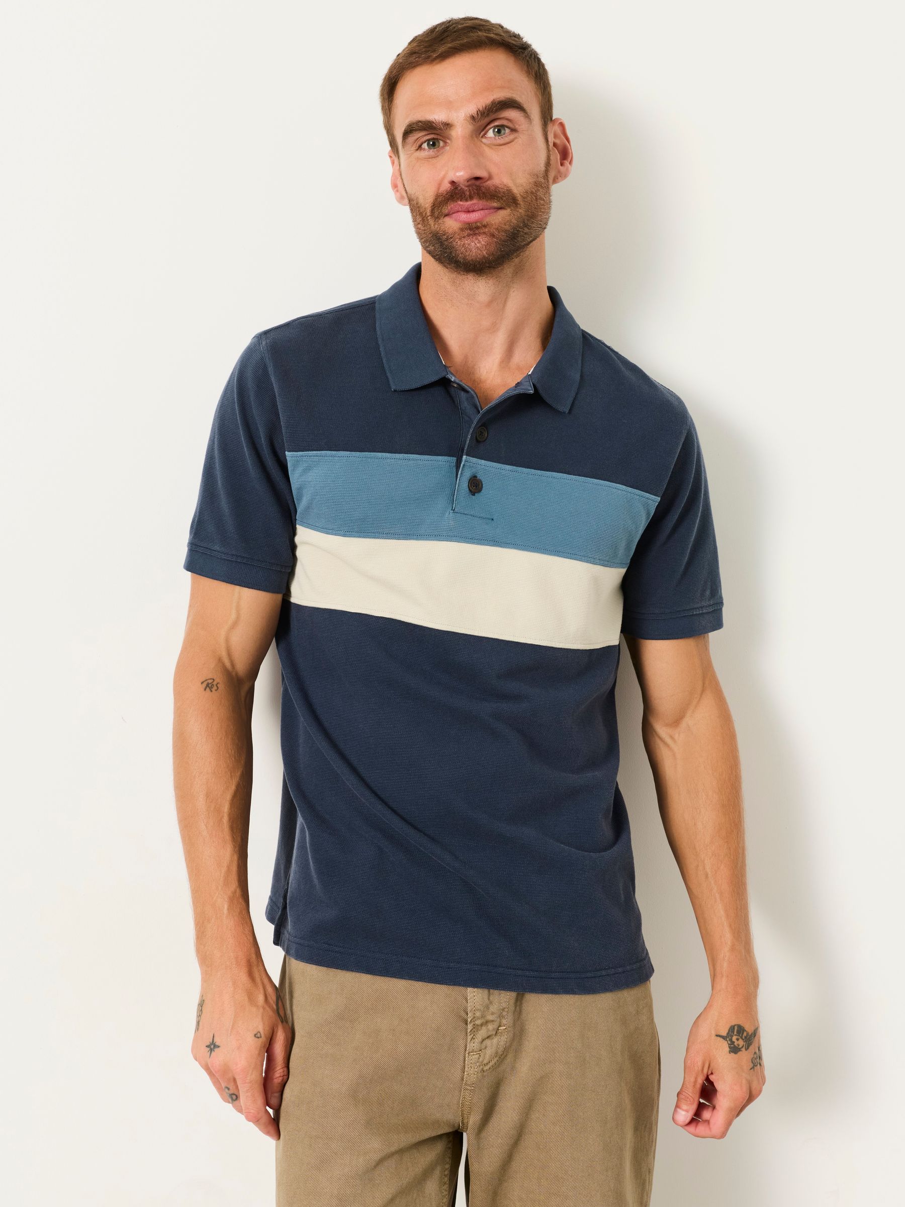 Clifton Navy Colour Block Pique Polo Shirt - Image 1 of 6