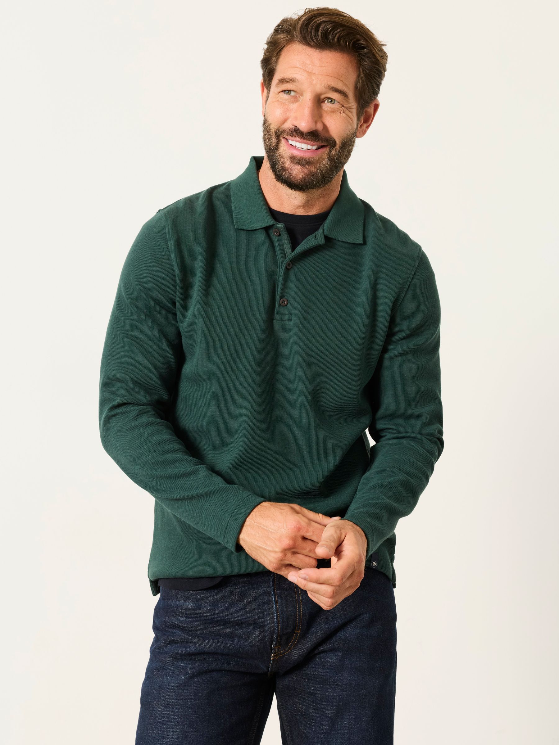 Ayr Dark Green Long Sleeve Ribbed Polo Shirt - Image 1 of 5 Ayr Dark Green Long Sleeve Ribbed Polo Shirt - Image 1 of 5