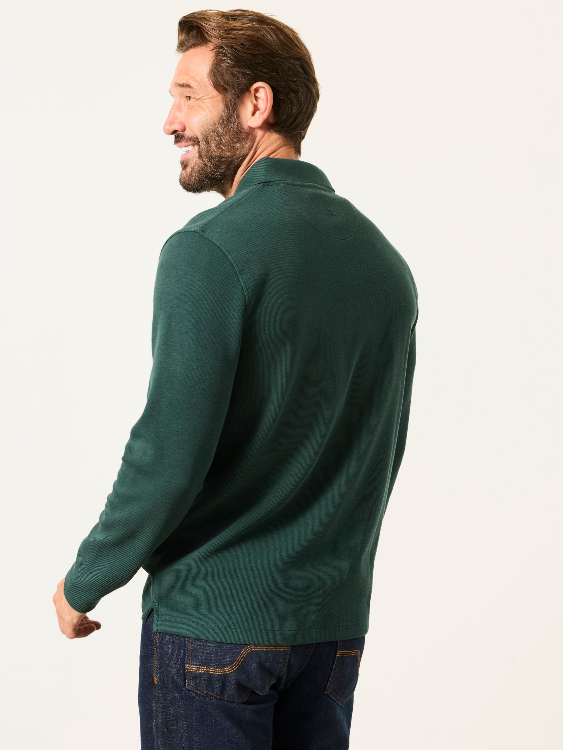 Ayr Dark Green Long Sleeve Ribbed Polo Shirt - Image 2 of 5 Ayr Dark Green Long Sleeve Ribbed Polo Shirt - Image 2 of 5