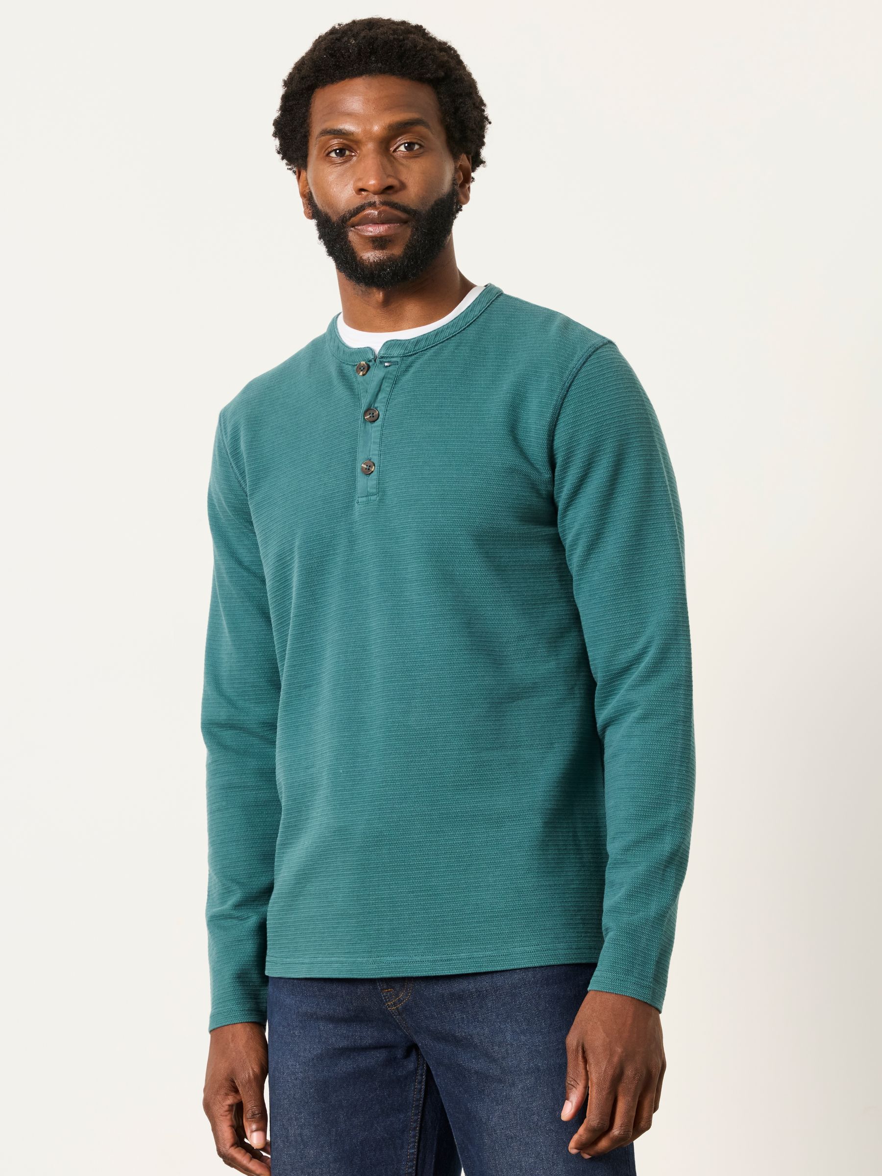 Henley Dark Teal Long Sleeve Textured T-Shirt - Image 1 of 5