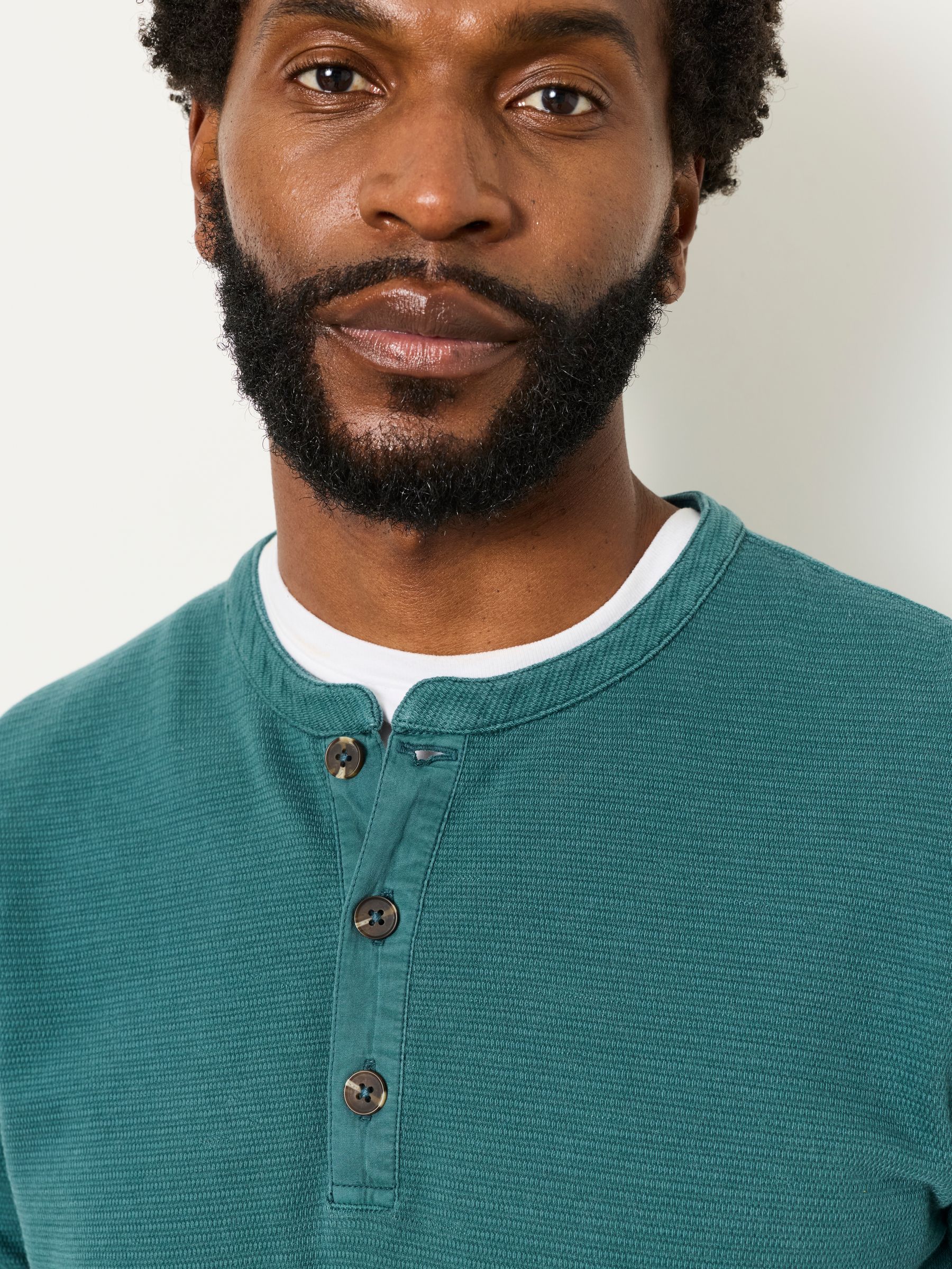 Henley Dark Teal Long Sleeve Textured T-Shirt - Image 4 of 5