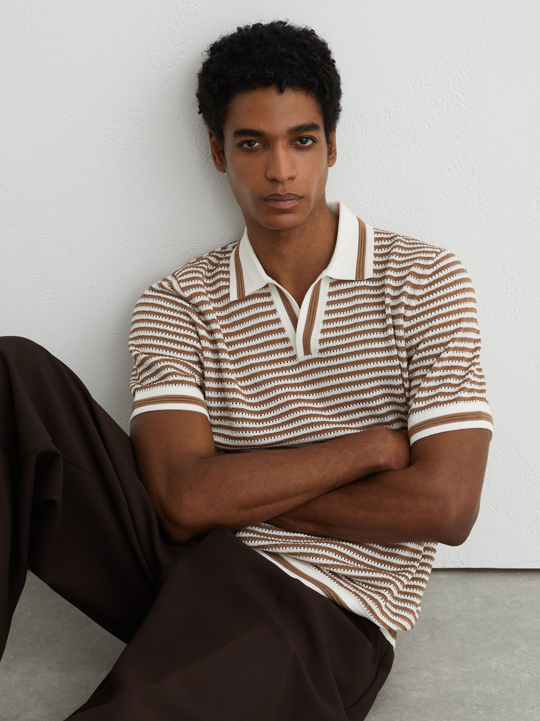 Stripe Knit Open-Collar Polo Shirt With Linen in Camel/Off White - Image 1 of 7