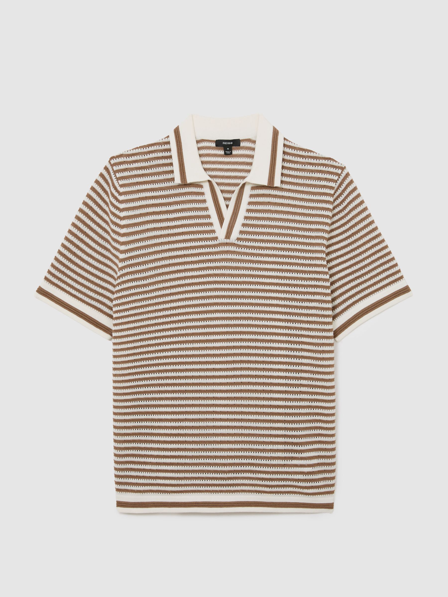 Stripe Knit Open-Collar Polo Shirt With Linen in Camel/Off White - Image 2 of 7