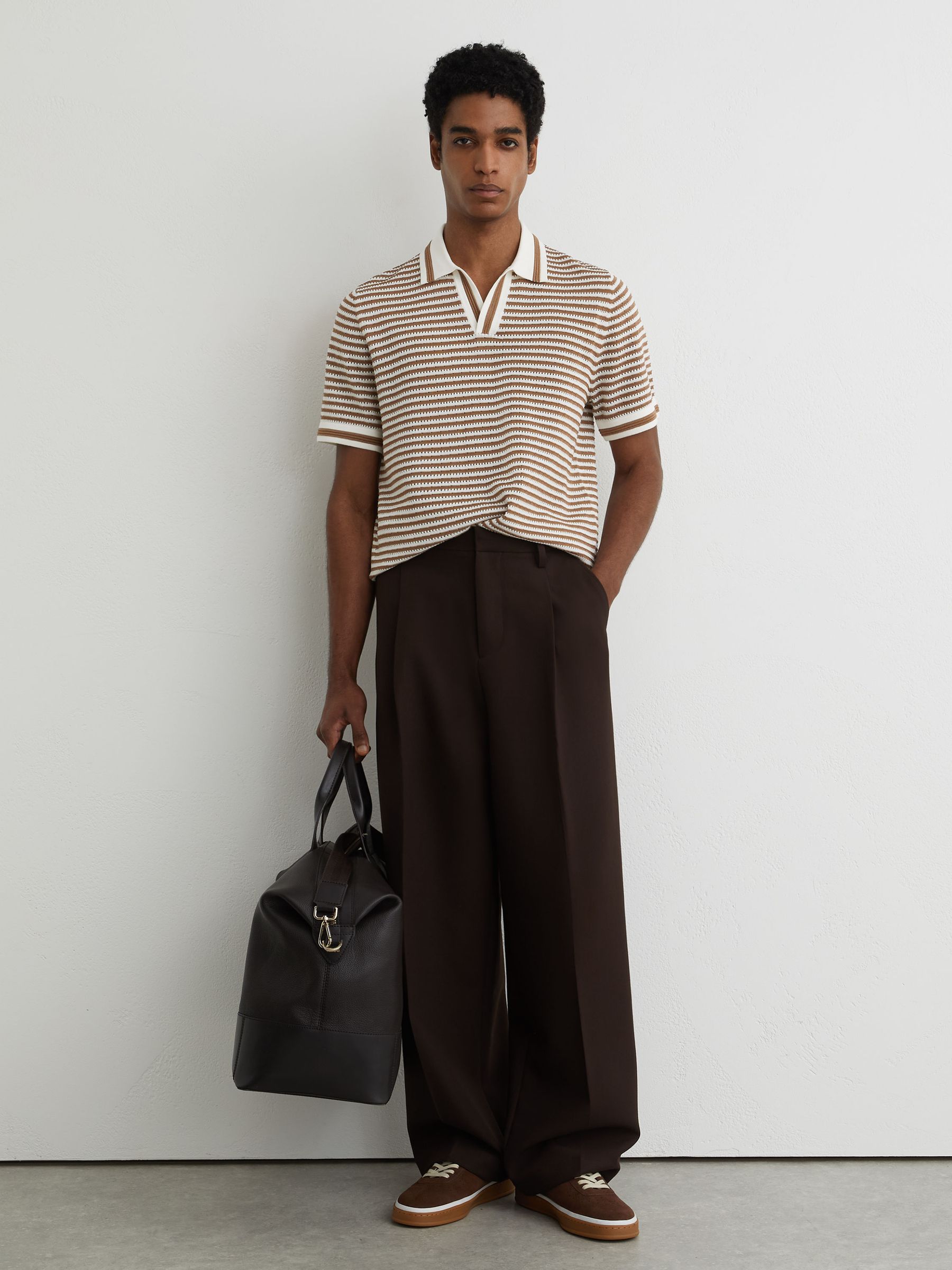Stripe Knit Open-Collar Polo Shirt With Linen in Camel/Off White - Image 3 of 7