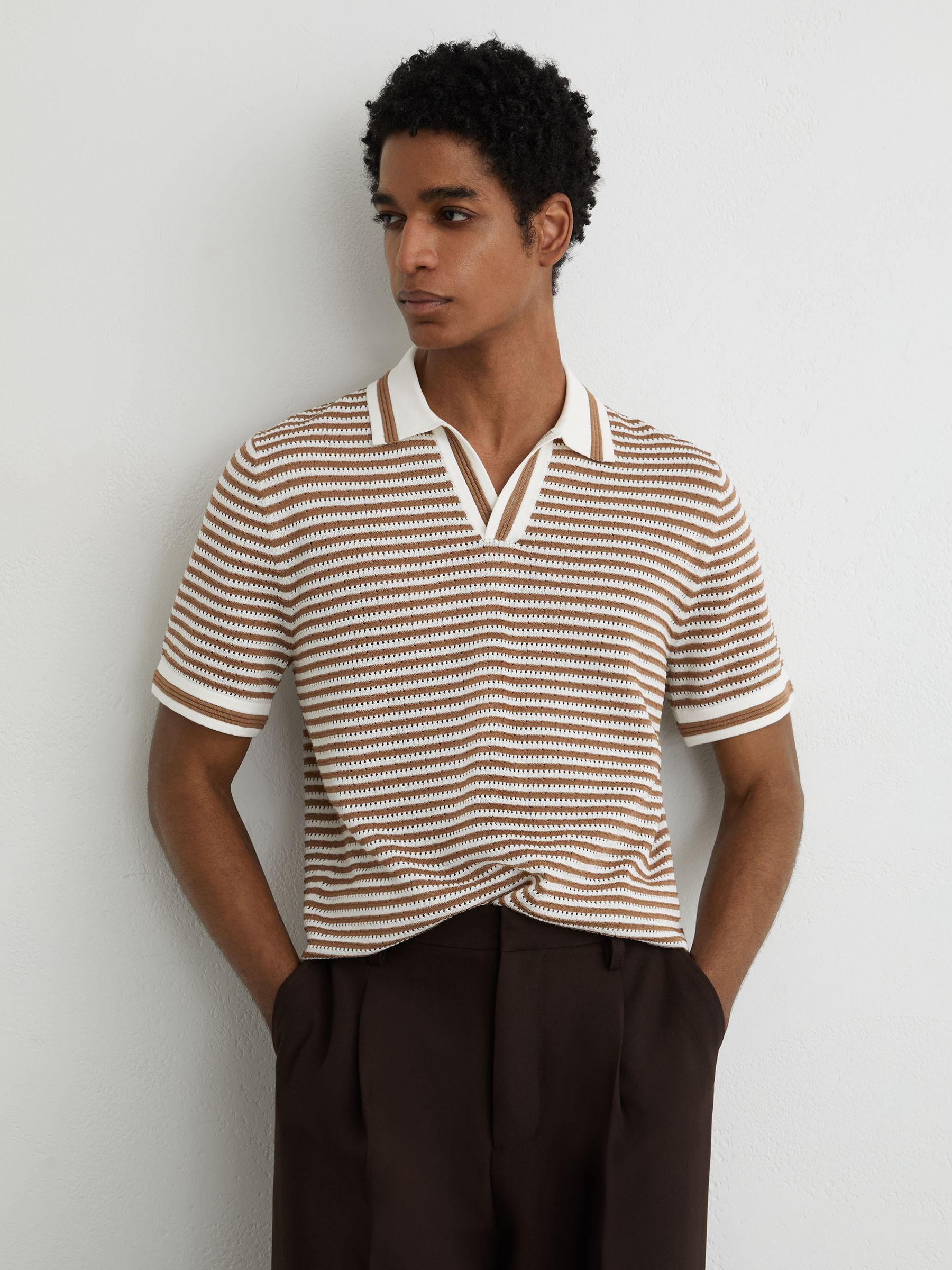 Stripe Knit Open-Collar Polo Shirt With Linen in Camel/Off White - Image 5 of 7