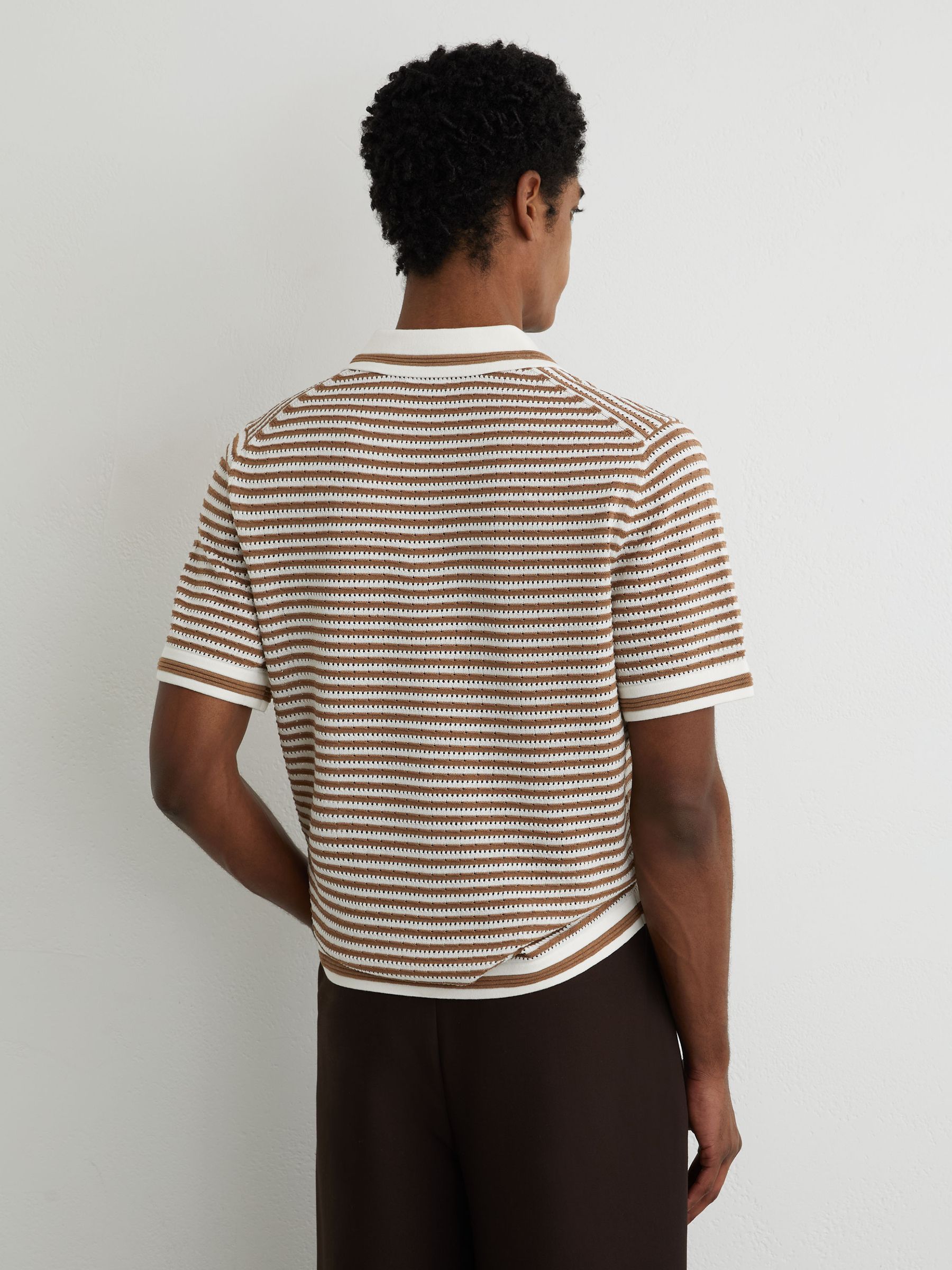 Stripe Knit Open-Collar Polo Shirt With Linen in Camel/Off White - Image 6 of 7