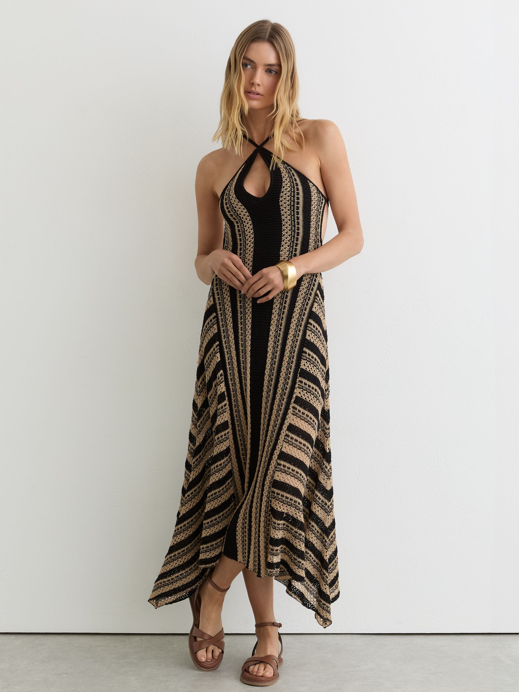 Stripe Crochet-Knit Tie-Back Maxi Dress in Black/Neutral - image 2