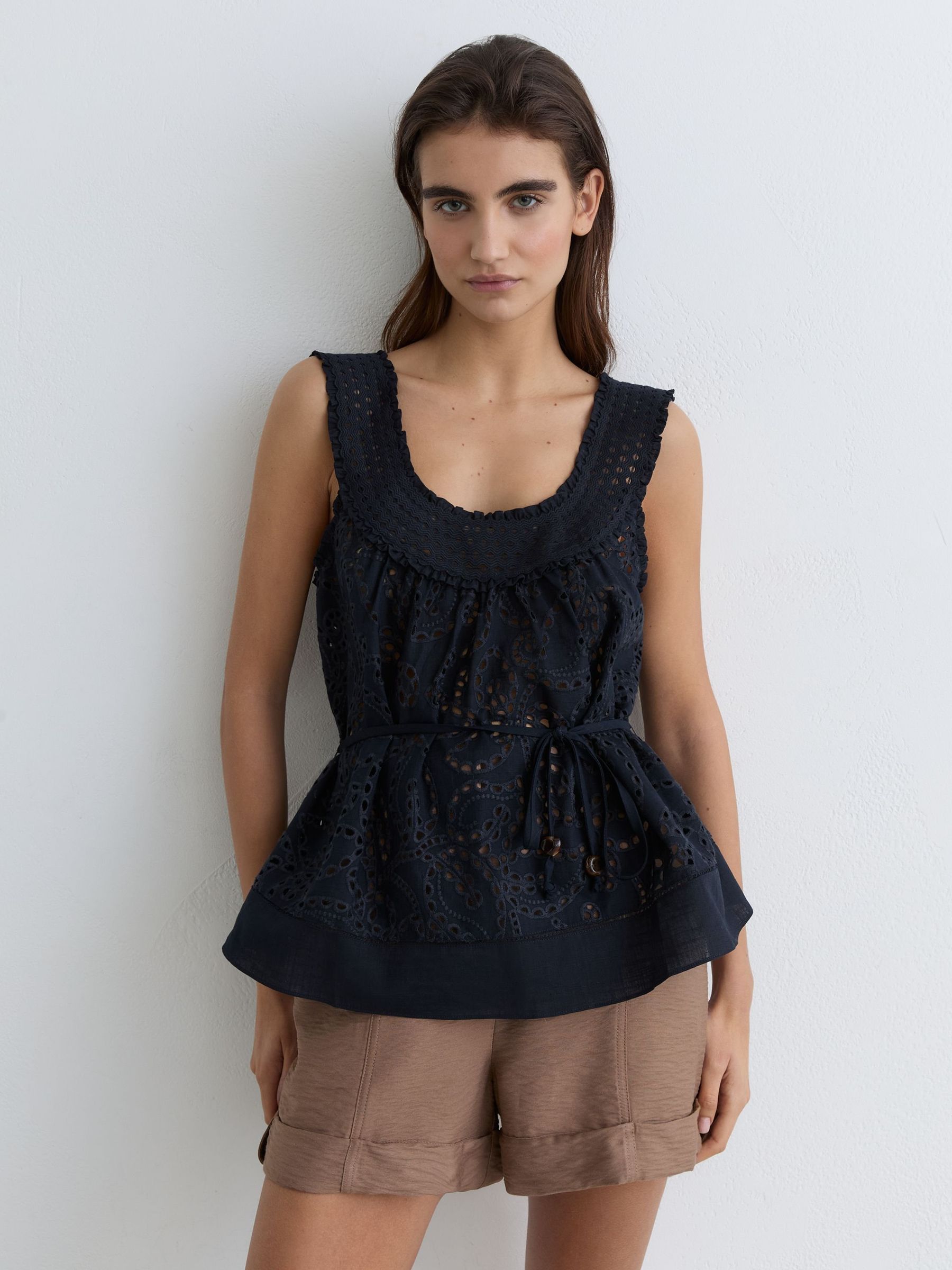 Cotton Broderie Anglaise Cami Top in Navy - Image 1 of 6