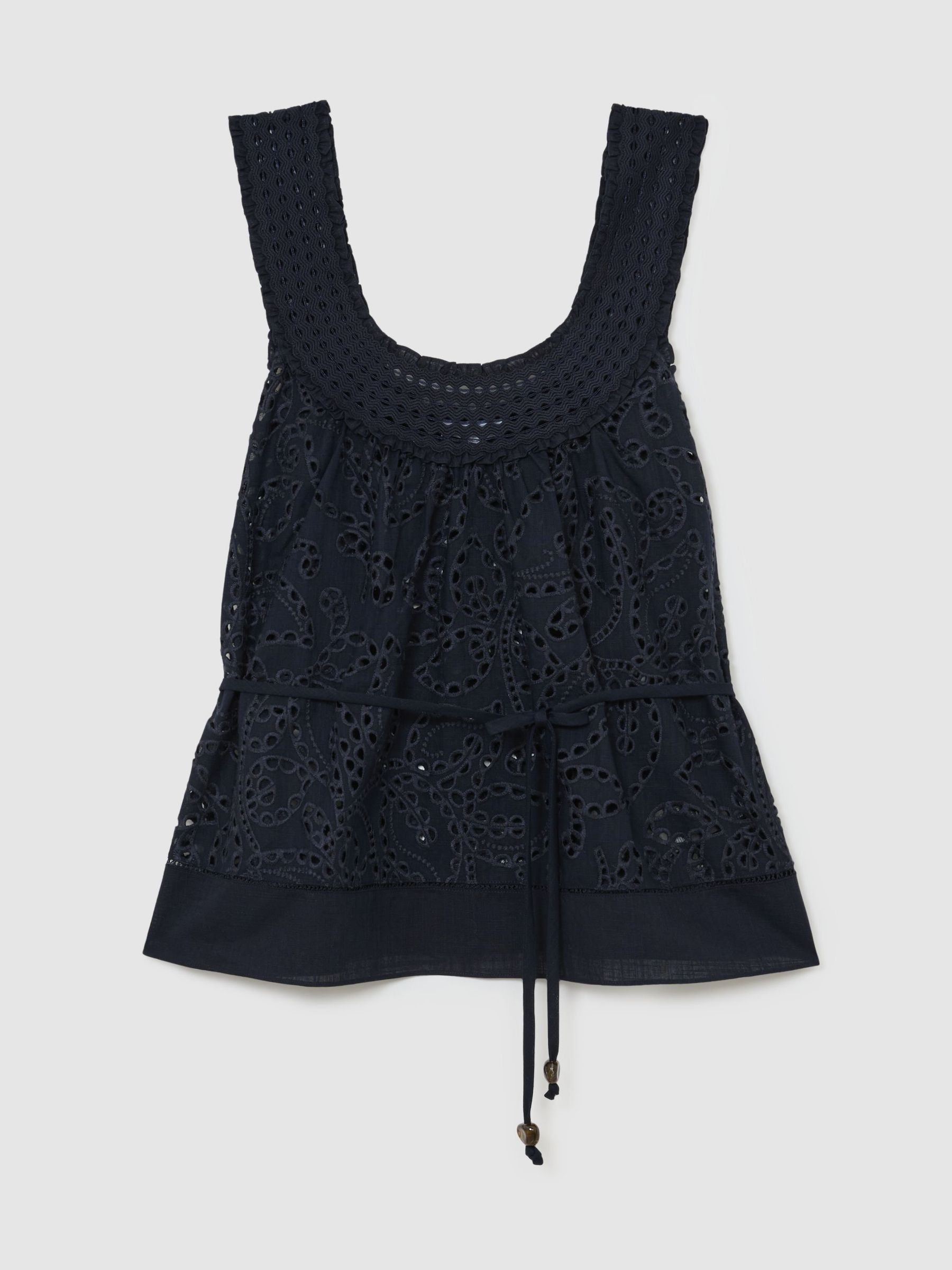 Cotton Broderie Anglaise Cami Top in Navy - Image 2 of 6