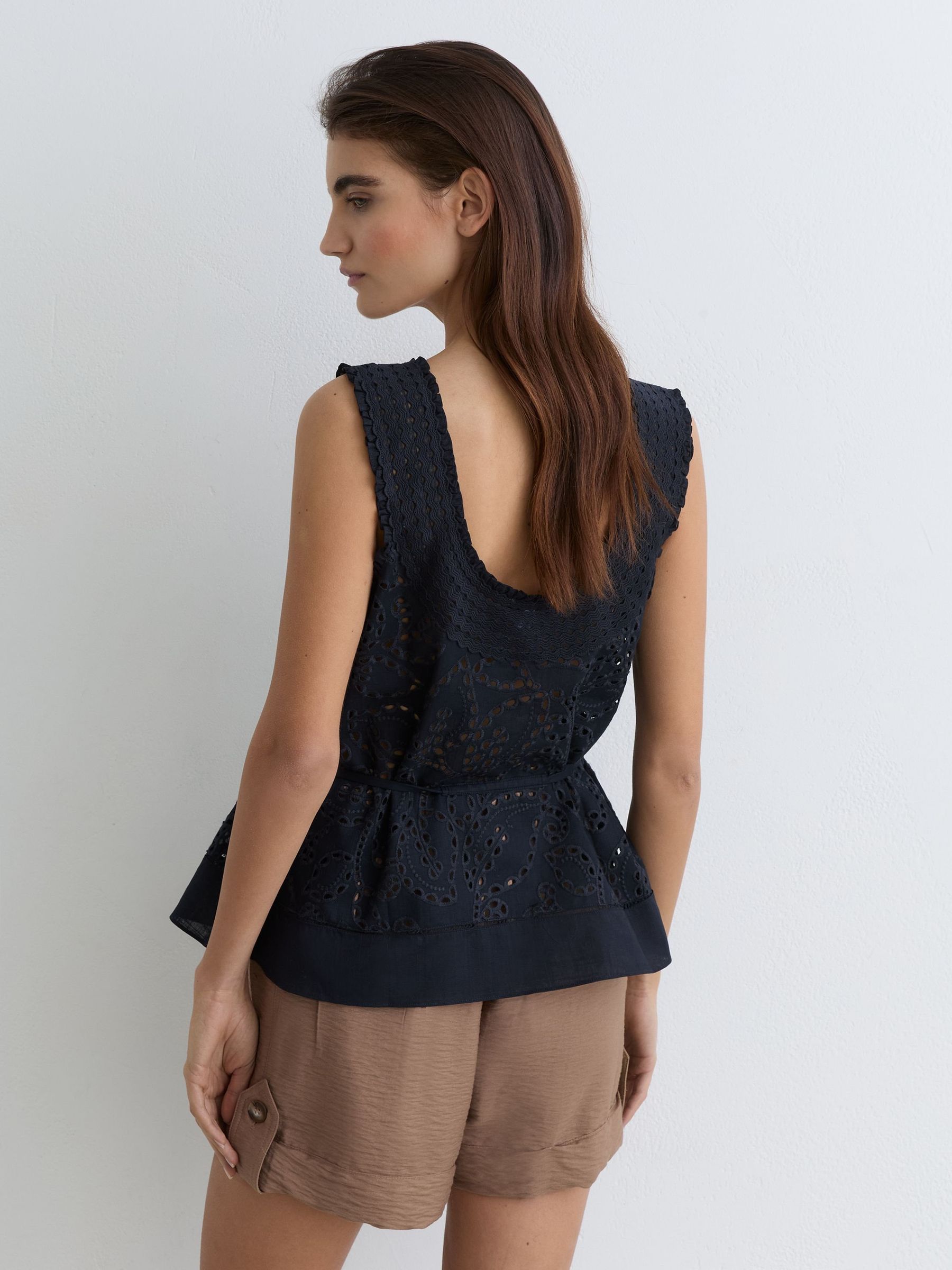 Cotton Broderie Anglaise Cami Top in Navy - Image 5 of 6