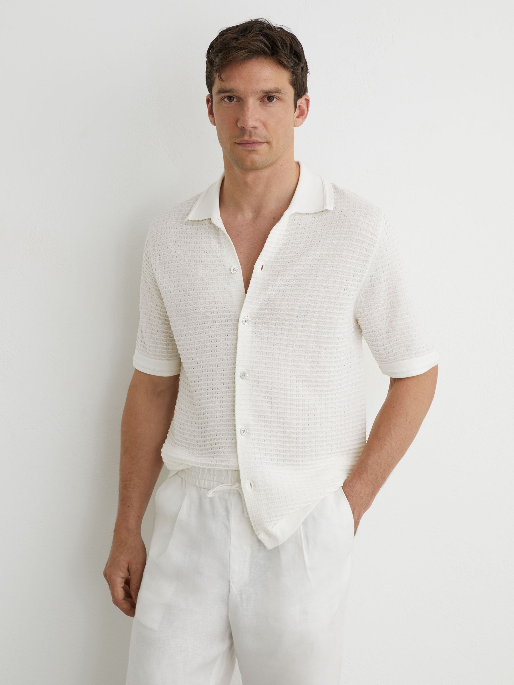 Textured-Knit Button-Through Shirt in White - Image 1 of 7