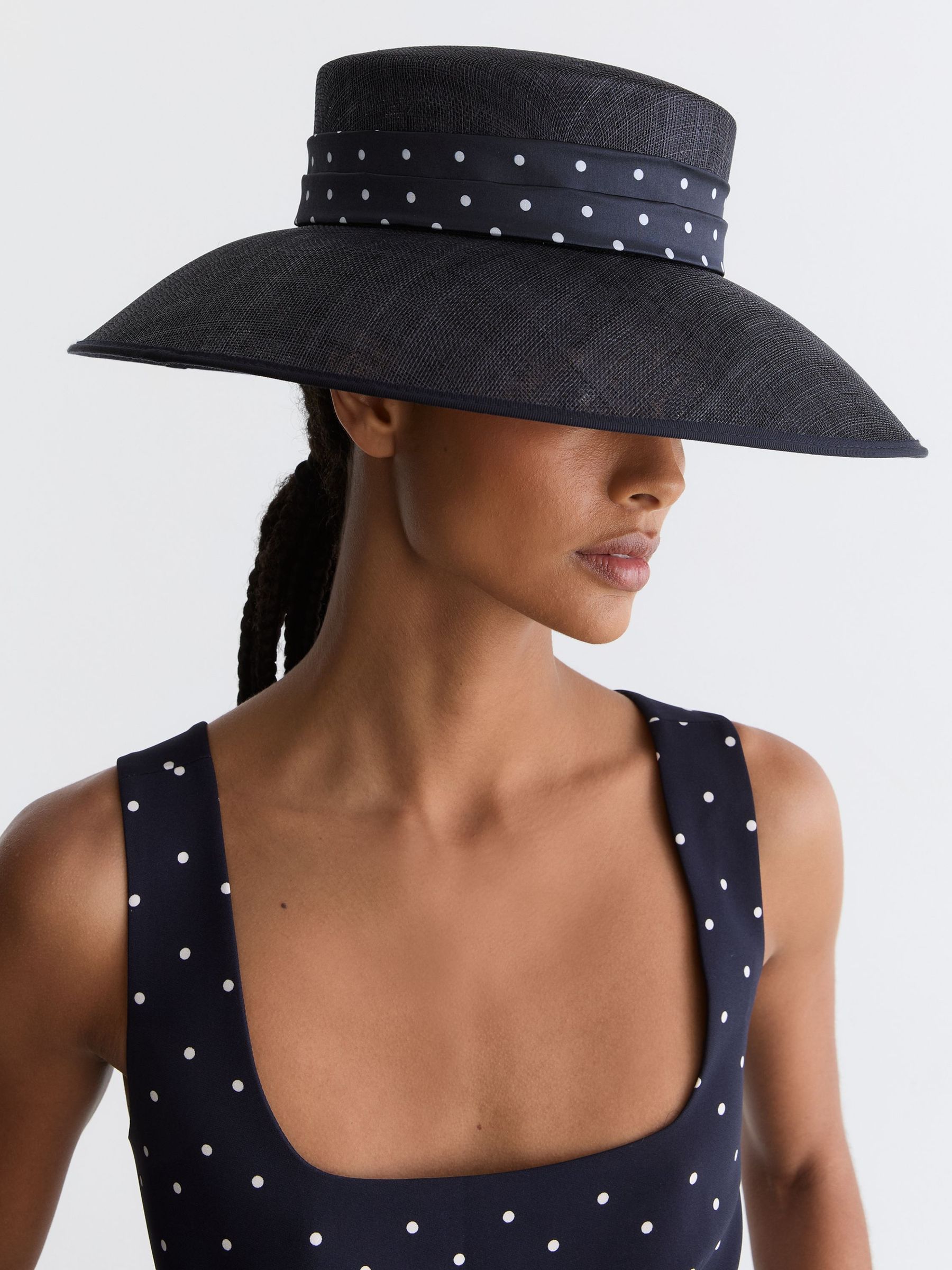 Polka Dot-Trim Occasion Hat in Navy - Image 1 of 5 Polka Dot-Trim Occasion Hat in Navy - Image 1 of 5
