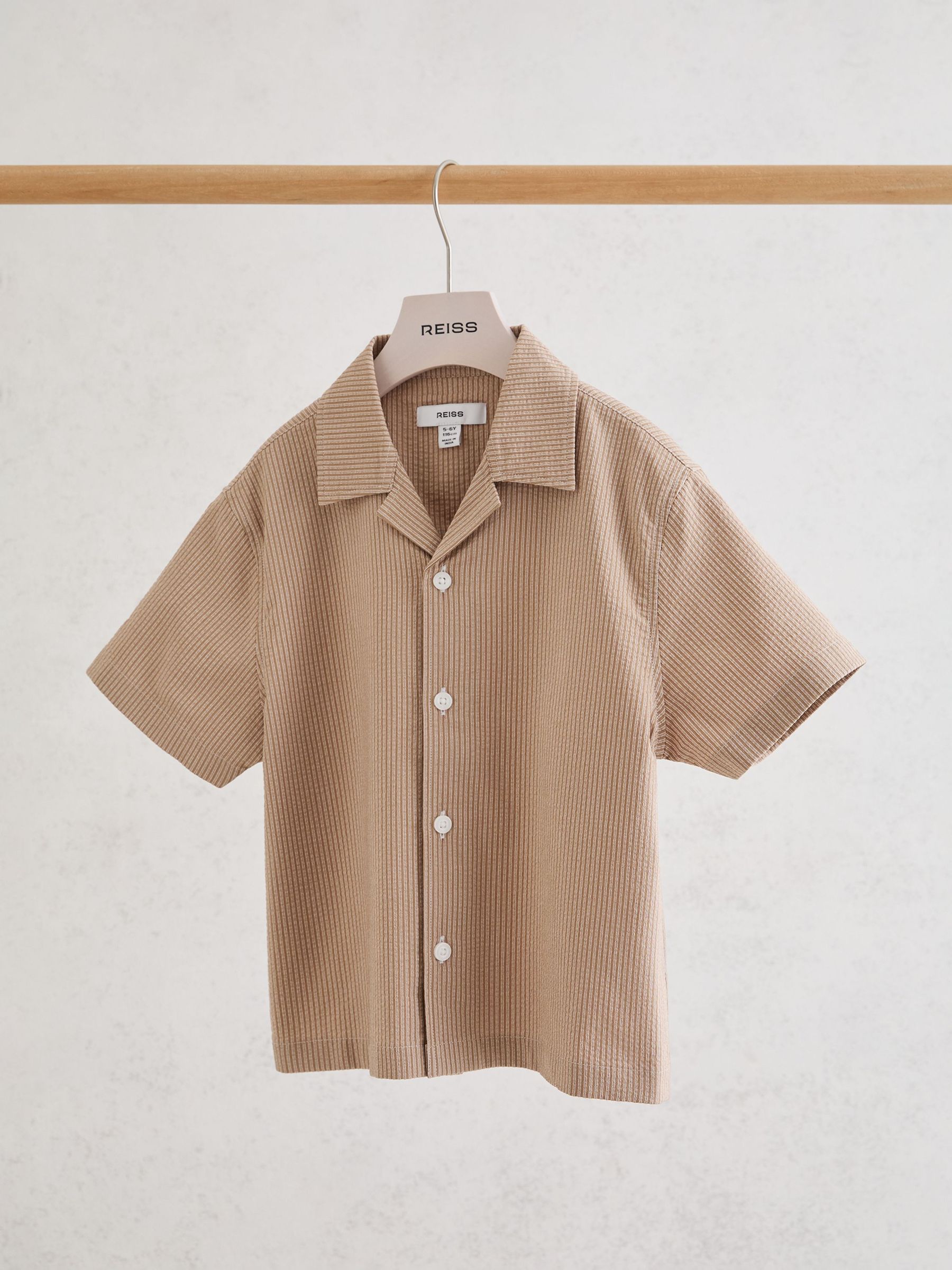 Striped Cuban-Collar Shirt in Taupe - Image 1 of 3