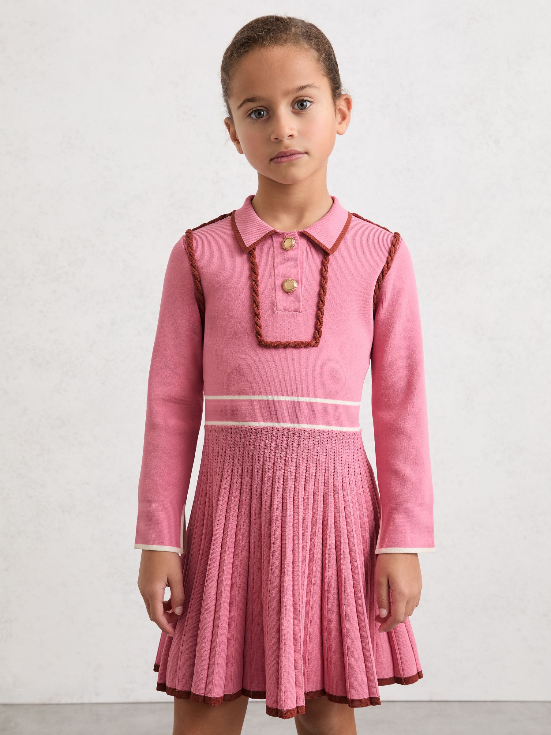 3-9 yrs Piped Knitted Skater Dress in Pink - Image 1 of 4