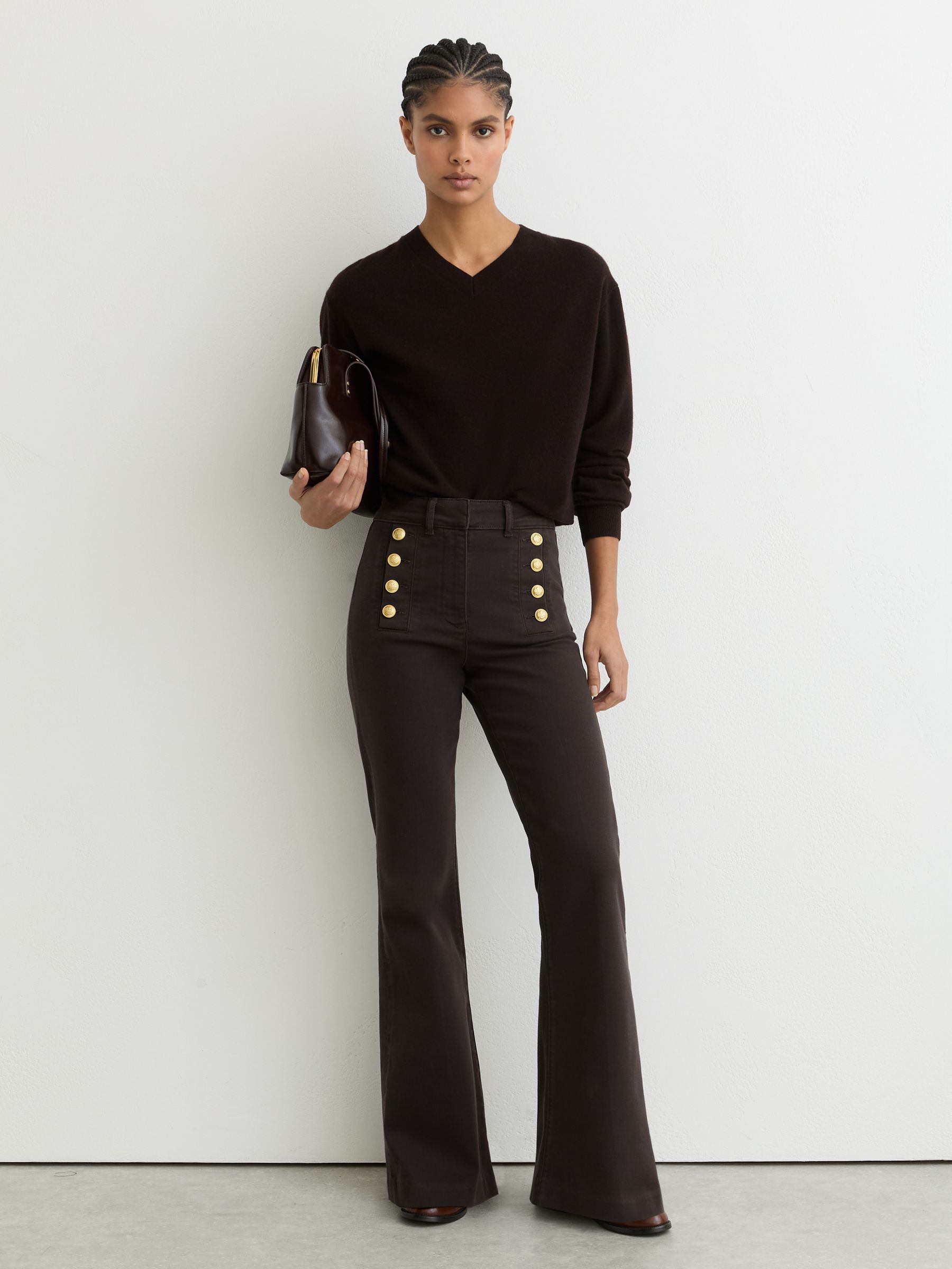 Button-Detail High-Rise Flared Jeans in Chocolate Brown - image 2