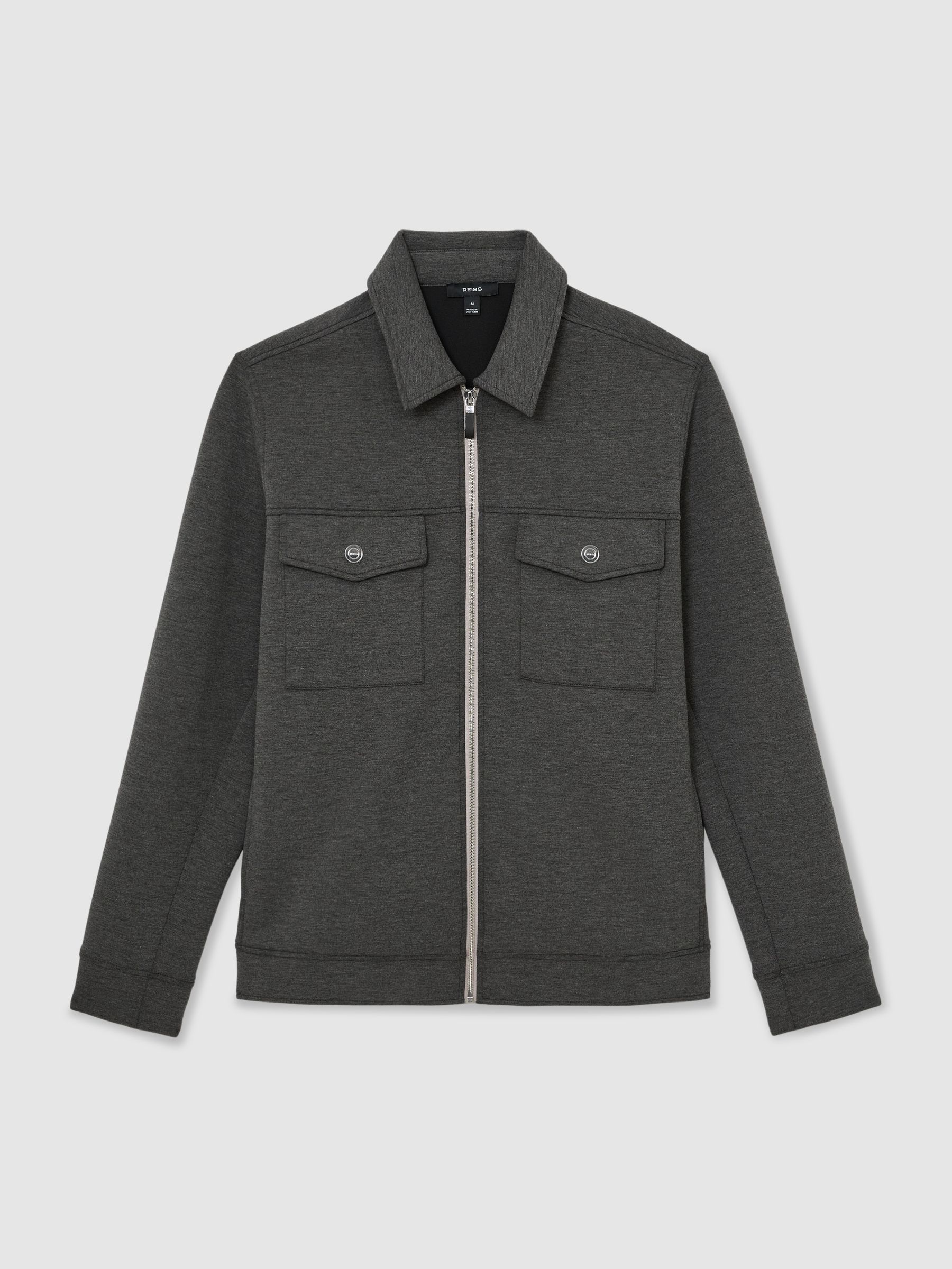 Premium Interlock Zip-Through Overshirt in Charcoal Melange - Image 2 of 8