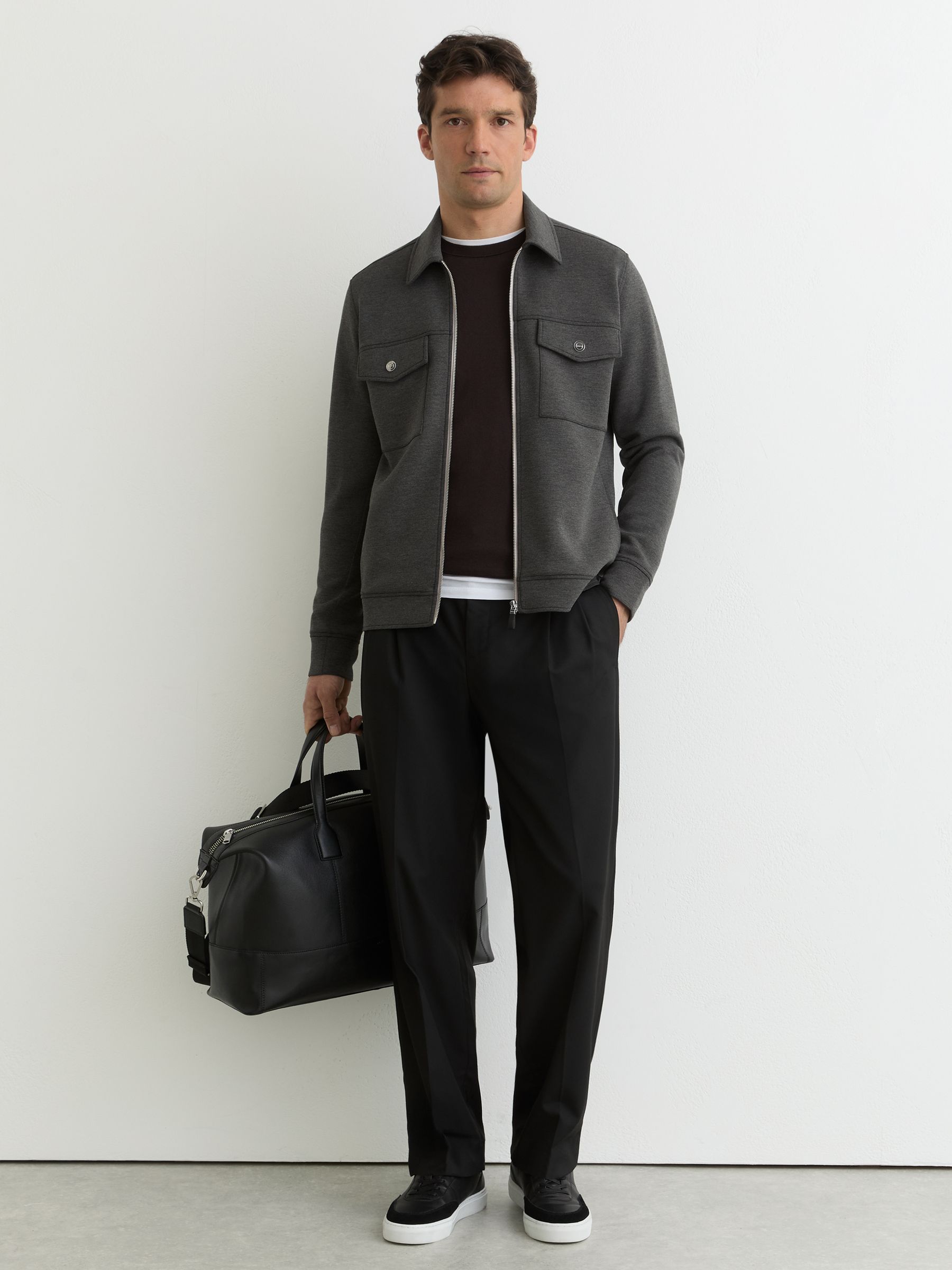 Premium Interlock Zip-Through Overshirt in Charcoal Melange - Image 3 of 8