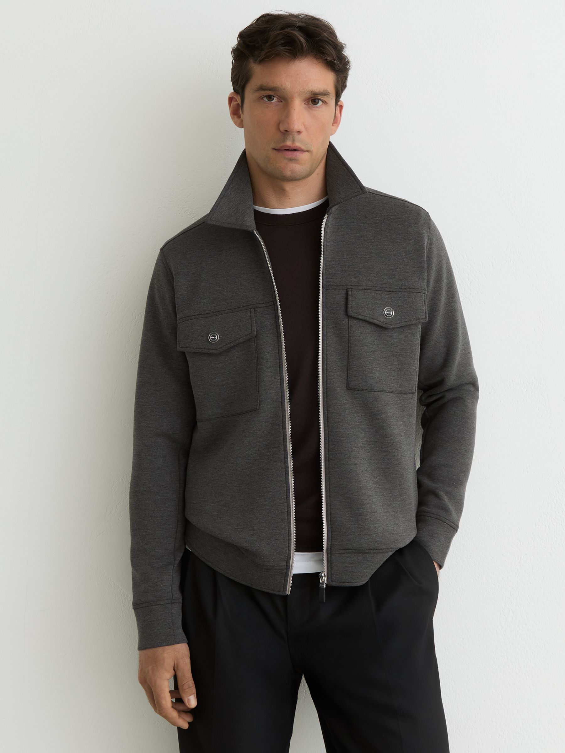Premium Interlock Zip-Through Overshirt in Charcoal Melange - Image 6 of 8