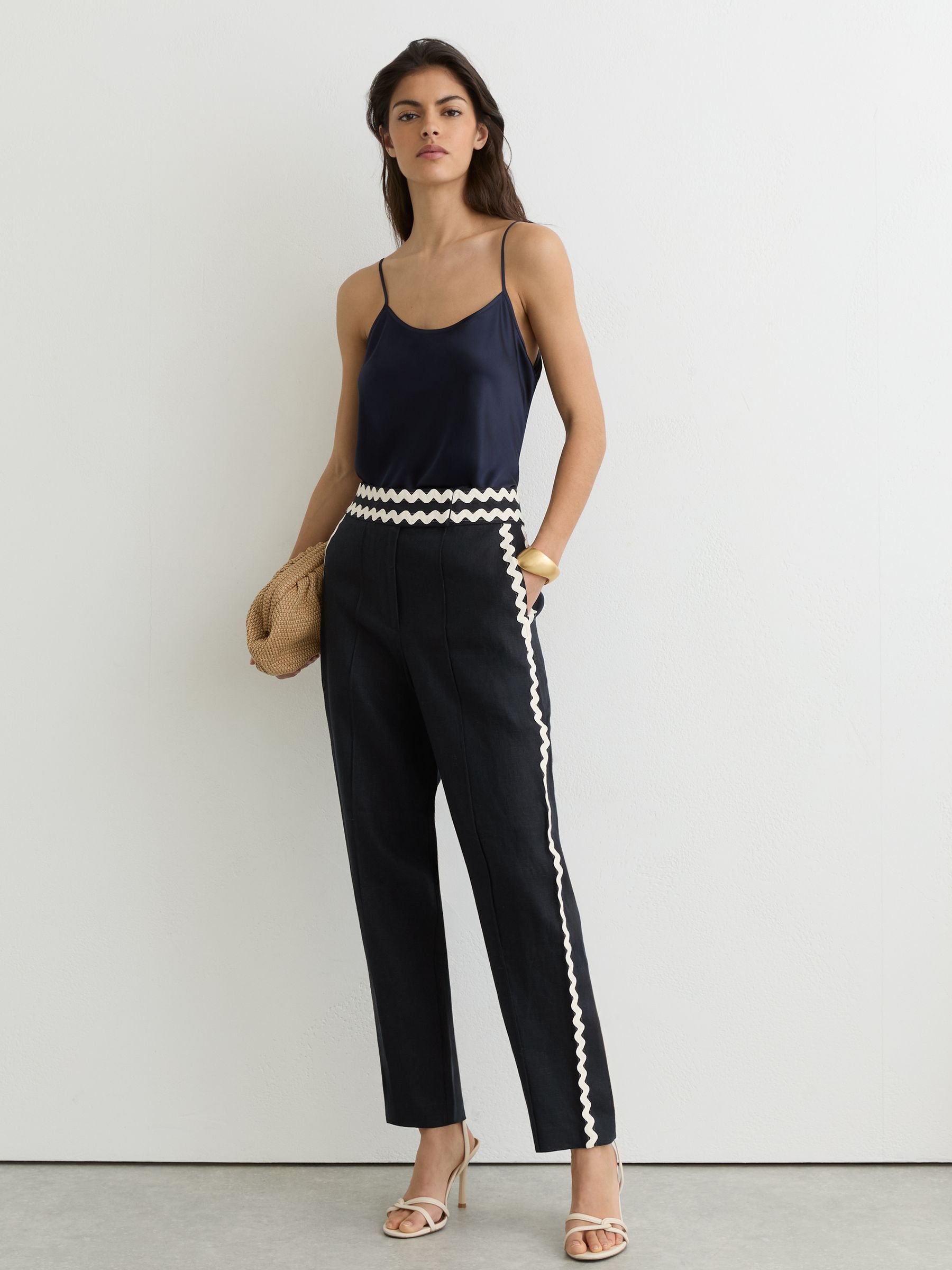 Linen Wave-Trim Tapered Trousers in Navy - image 2