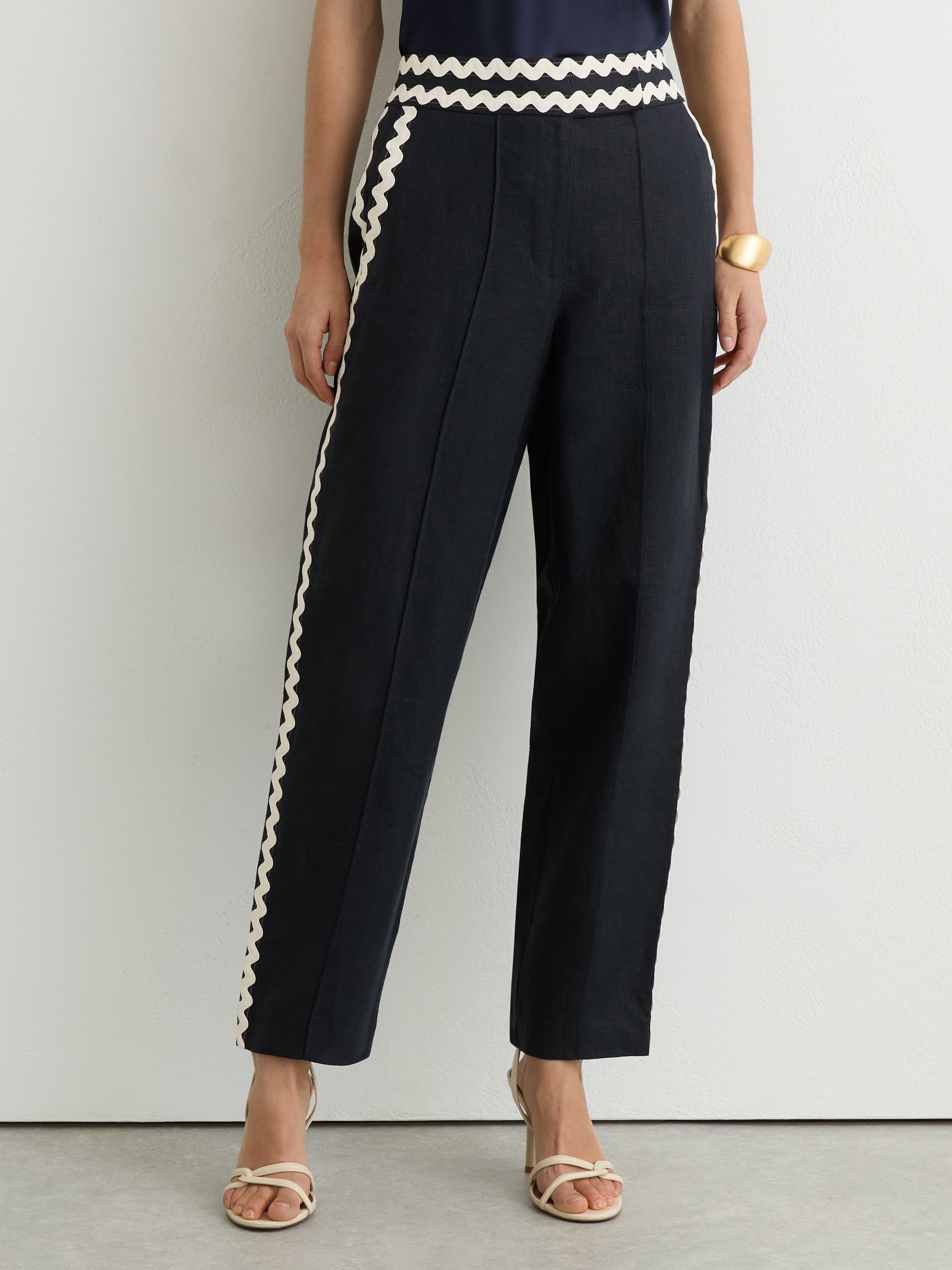 Linen Wave-Trim Tapered Trousers in Navy - image 3