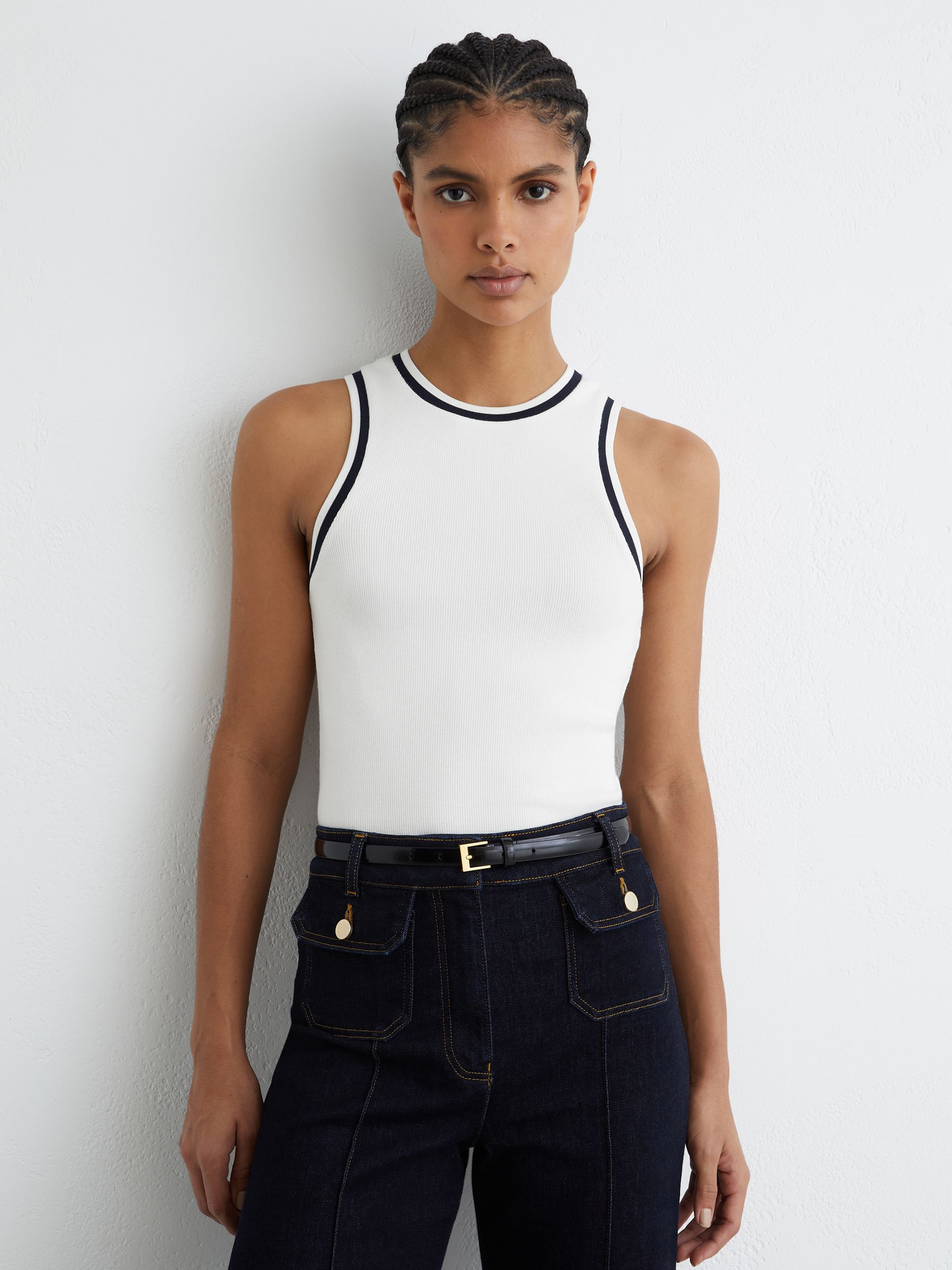 Stretch-Cotton Tipped Vest in White/Navy - Image 1 of 6
