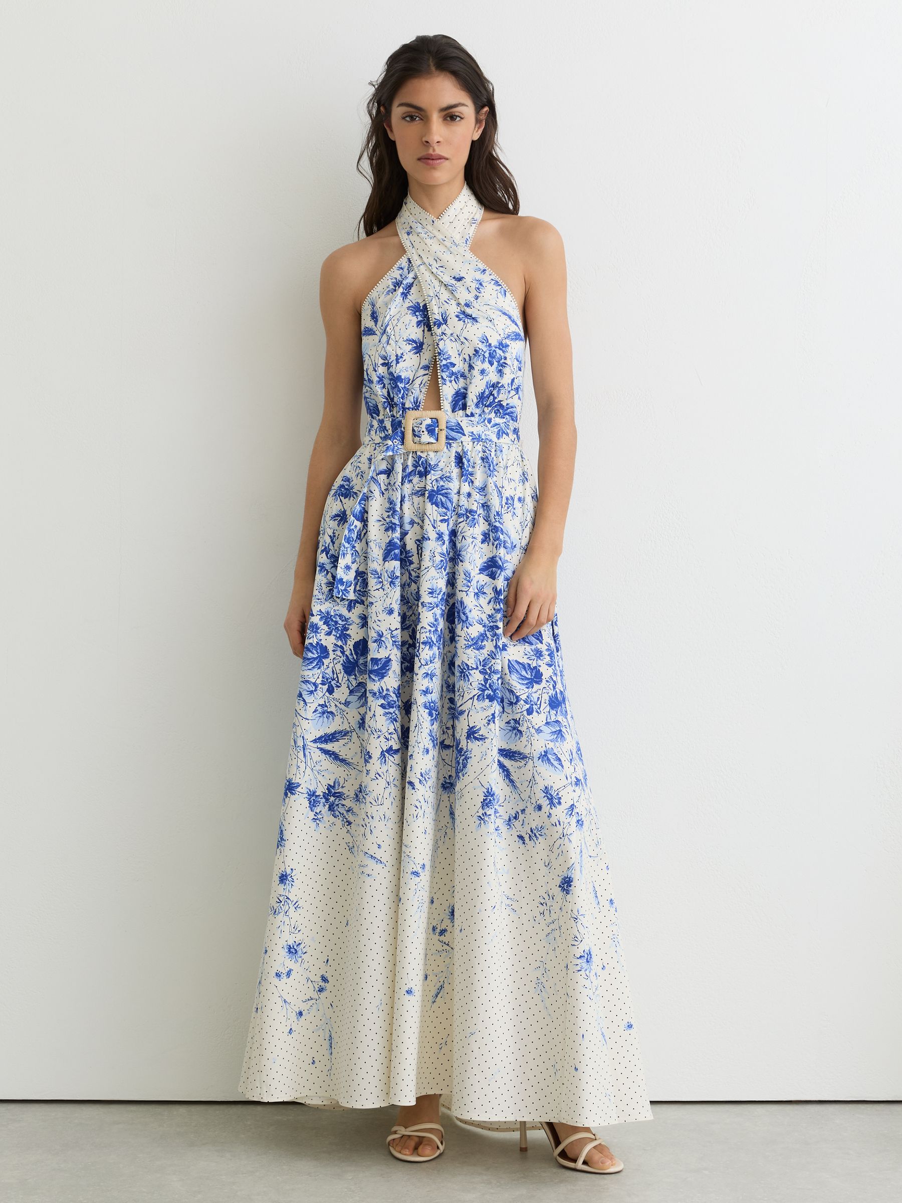 Petite Cotton Floral-Print Belted Maxi Dress with Stretch in Ivory/Blue - Image 1 of 8