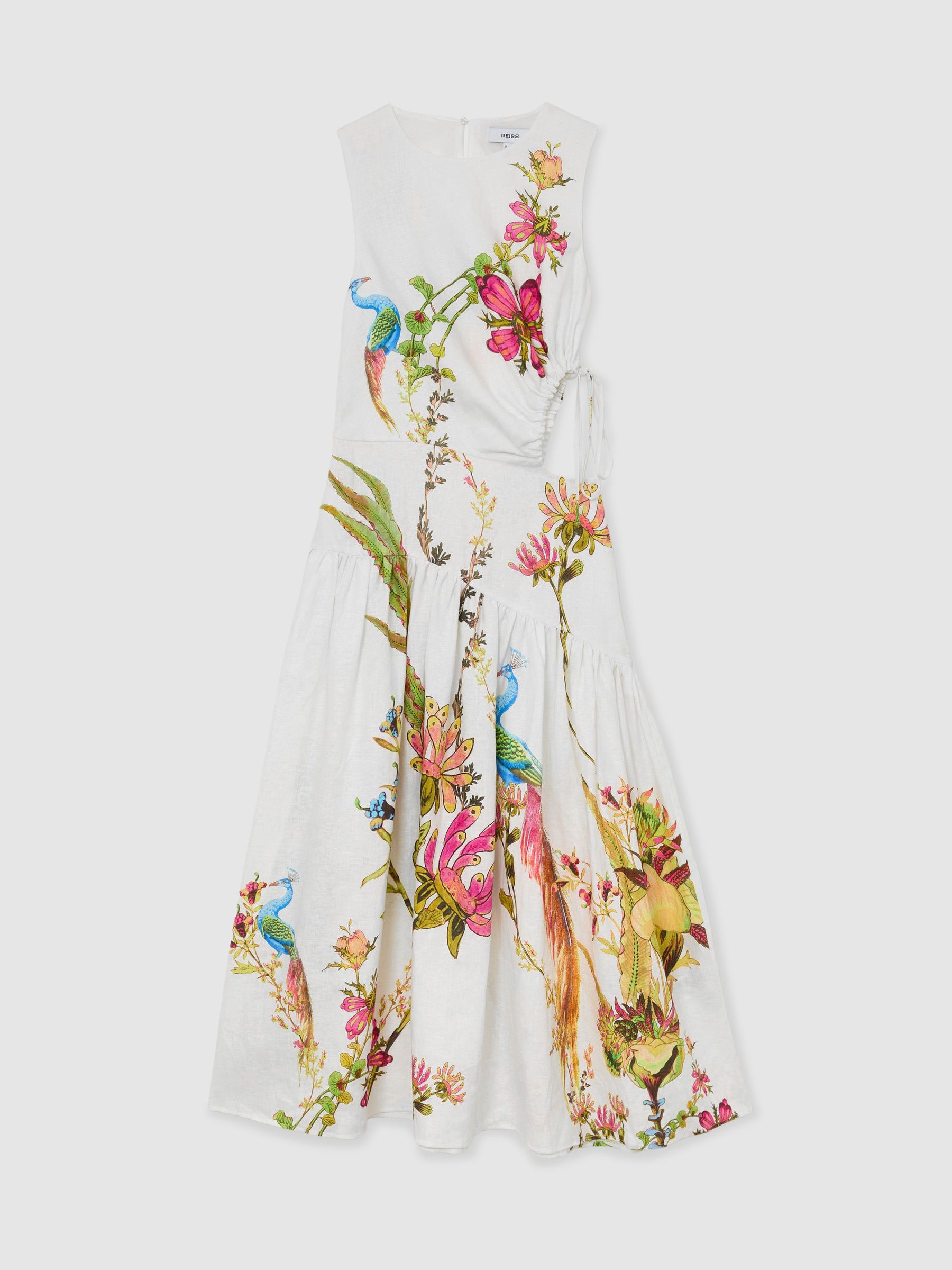 Linen Floral-Print Cut-Out Midi Dress in Ivory