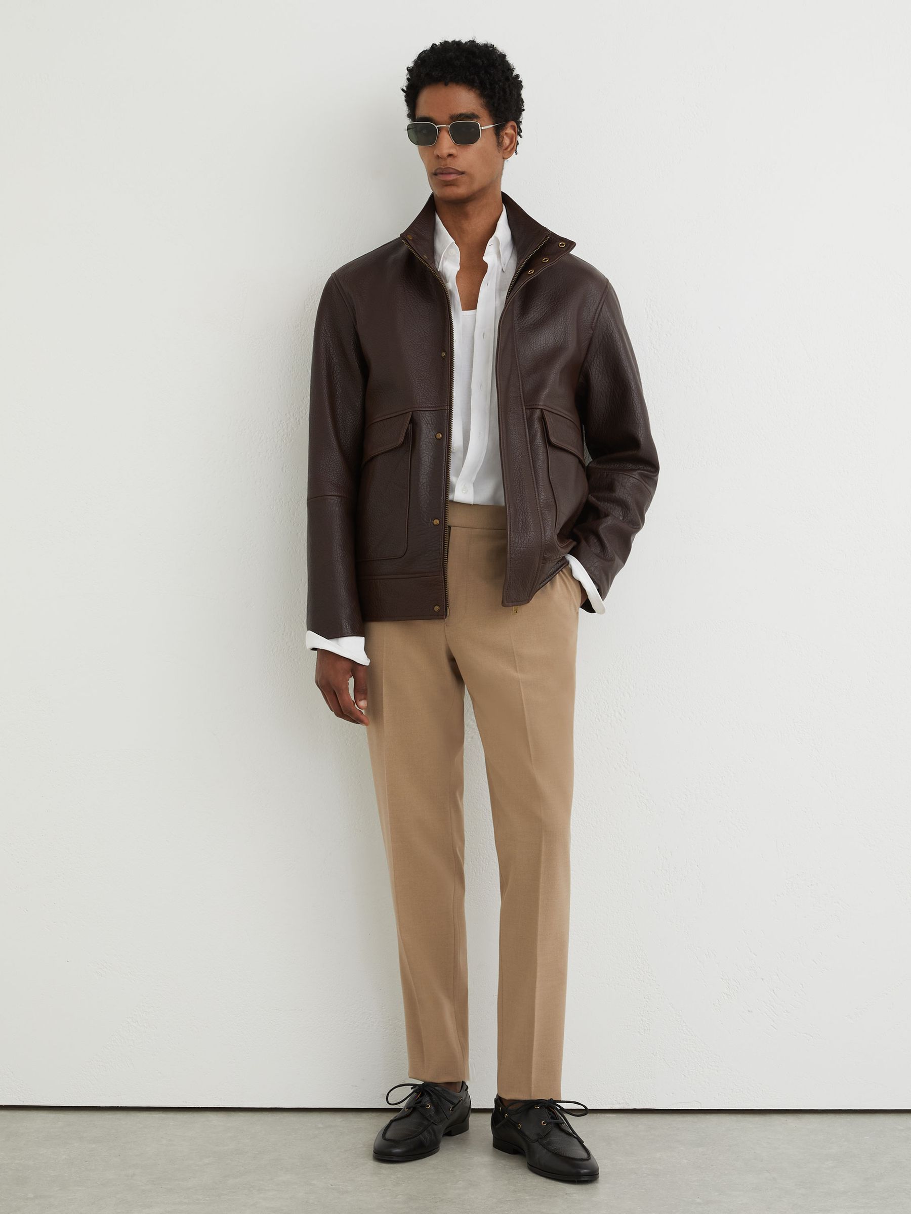 Stretch Slim-Fit Drawstring Trousers in Soft Camel Brown - Image 1 of 7